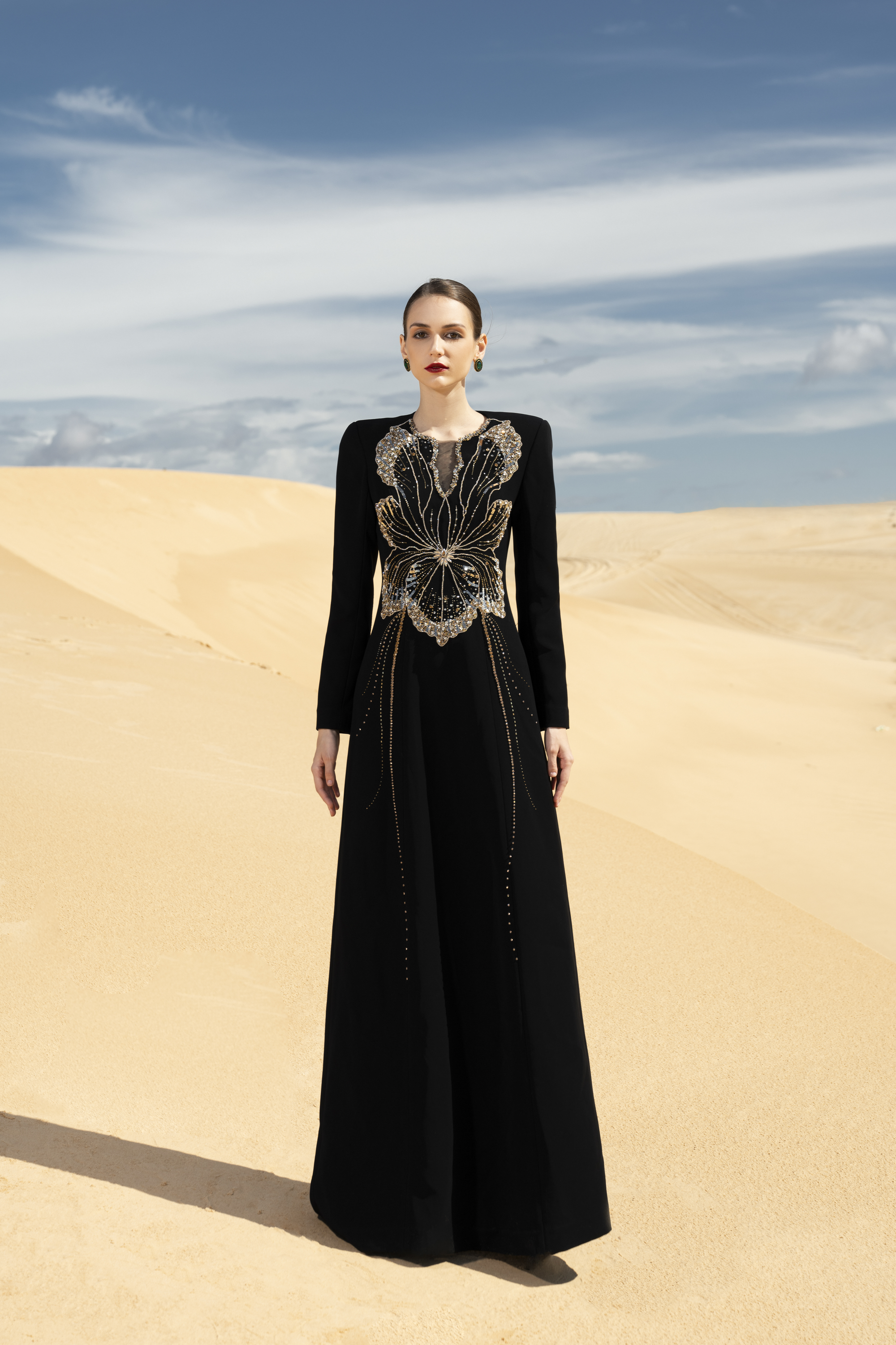 Orchid Embellished Black Long Sleeve Maxi Gown