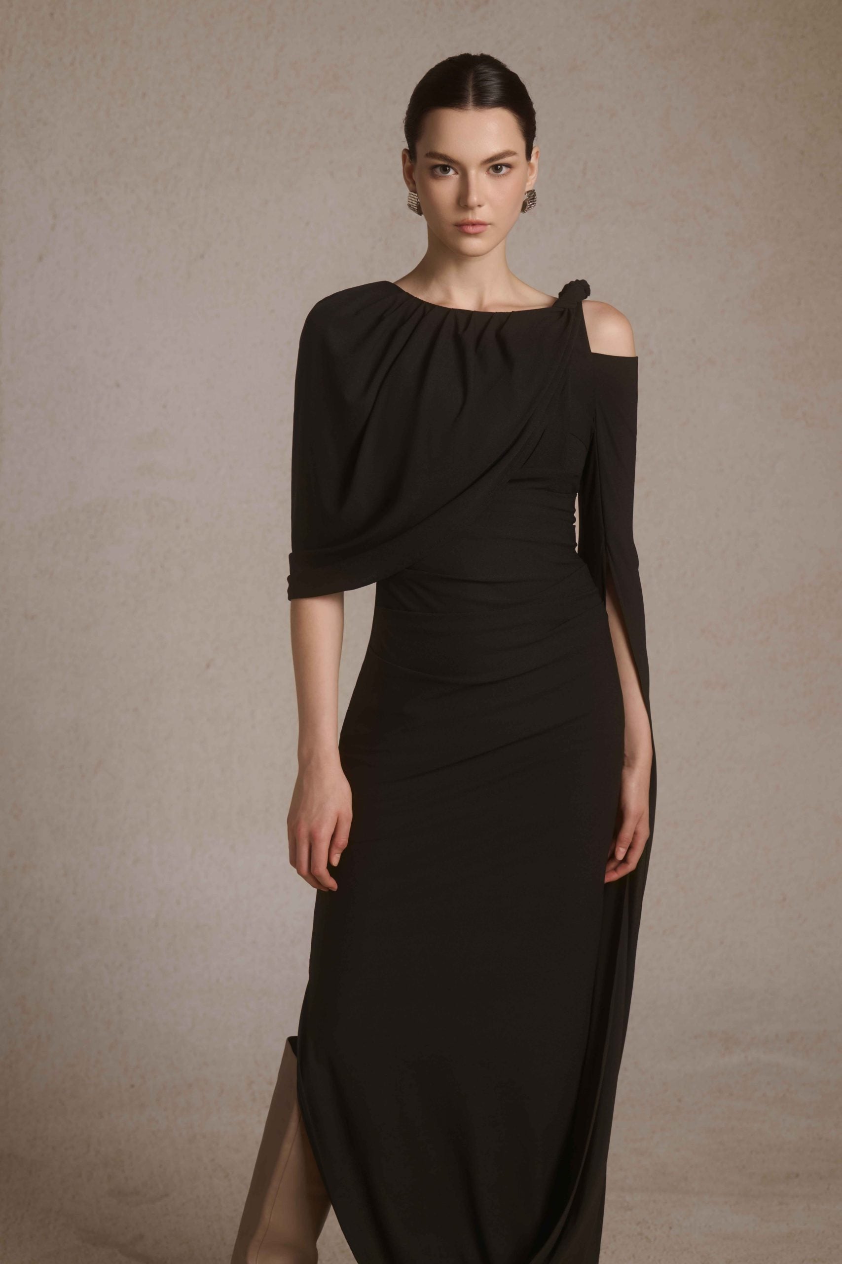 Orion Draped Shoulder Dress in Black