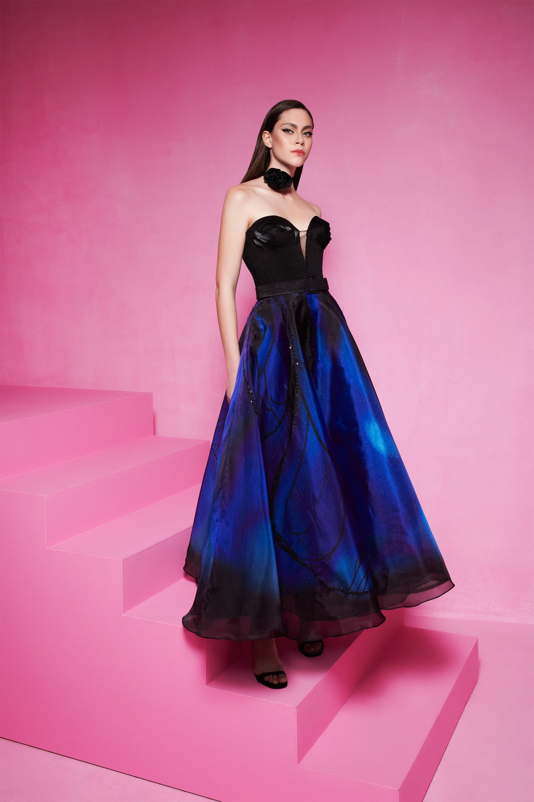 Fitted Evening Gown with Sheer Sleeves N0581