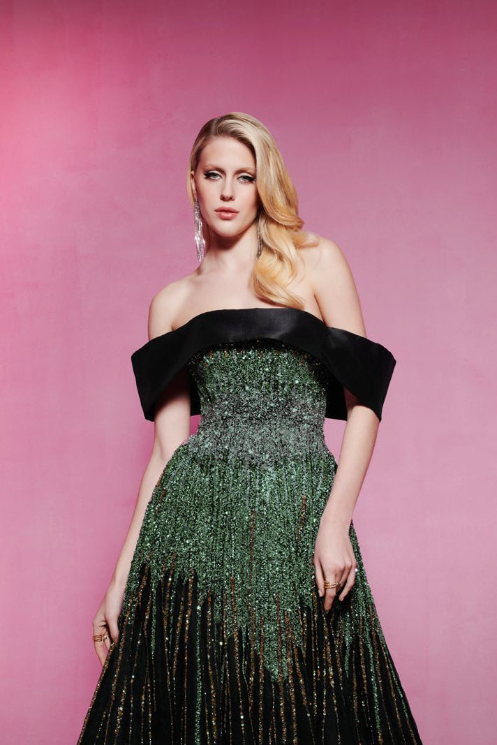 Li Beirut M1009 – Off-Shoulder Embellished Gown with Gradient Sequin Bodice