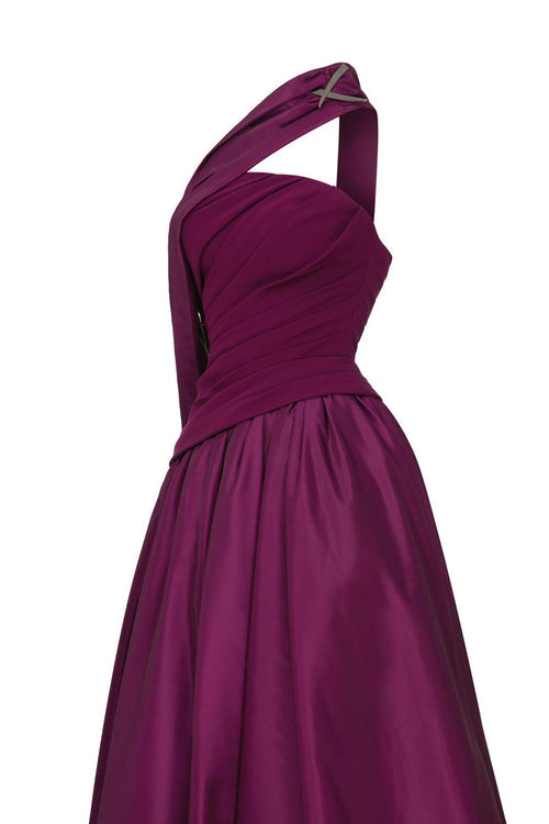 Purple Satin A-Line Gown with Draped Train E0089