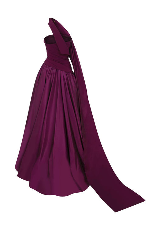 Purple Satin A-Line Gown with Draped Train E0089
