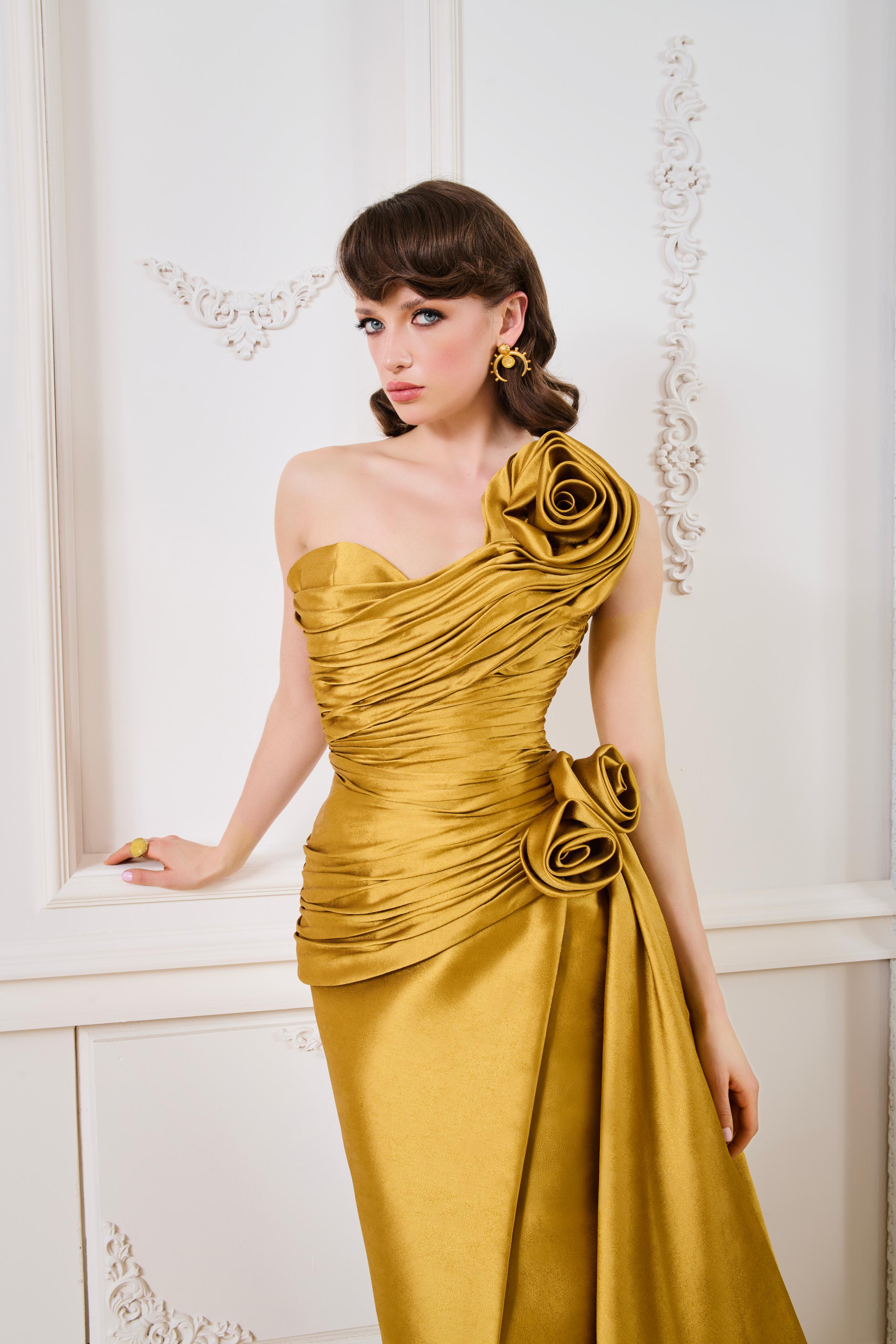 Fouad Sarkis F02923A Satin Column Wrap Gown with Side-Bustle & Rosettes