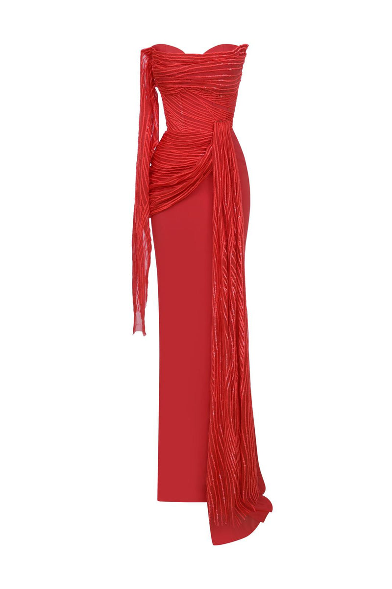 Luxurious Crimson Masterpiece with Cascading Organza E0104
