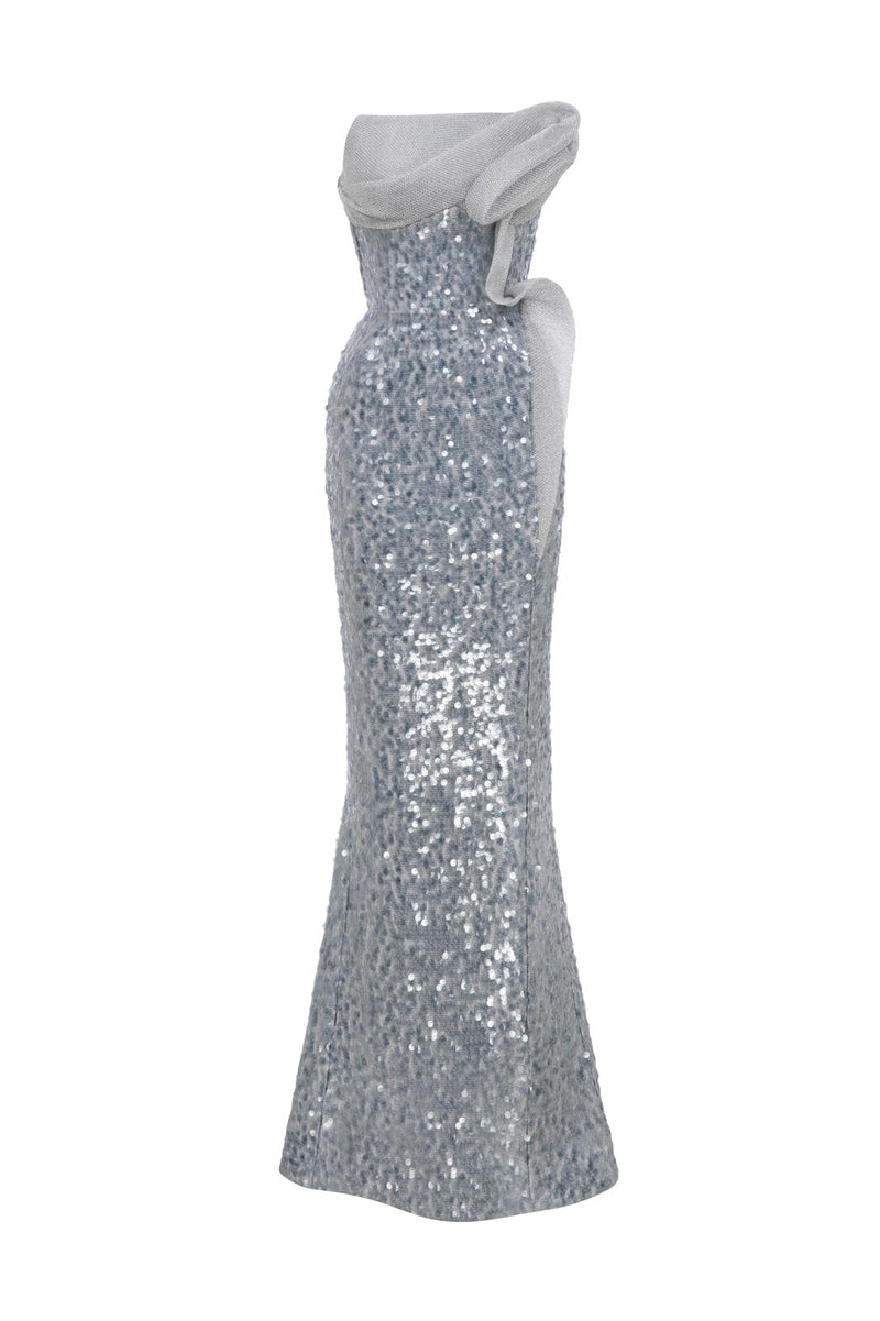 Elegant Brown Sequin Evening Gown - Off-Shoulder Column Formal Dress E0105