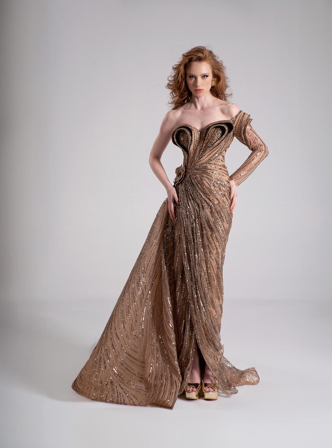 Gold Sequin Gown with Floral Waist Detail Where to buy F02897B