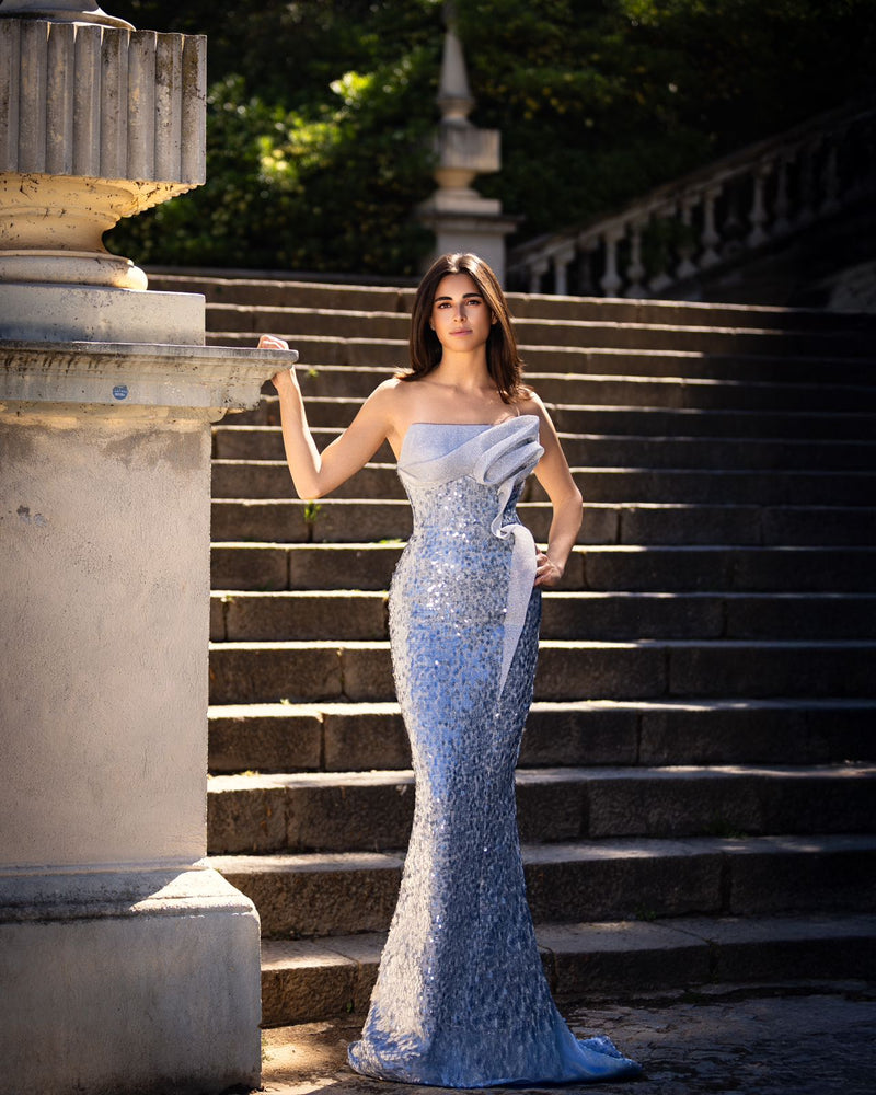 Elegant Brown Sequin Evening Gown - Off-Shoulder Column Formal Dress E0105