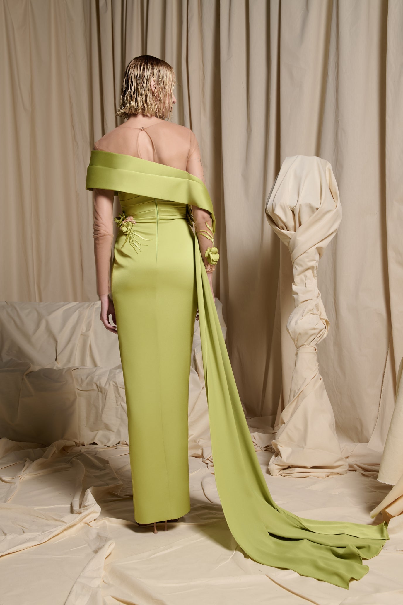 Pistachio Strapless Column Gown with Fuchsia Petal Detail - Style N0705