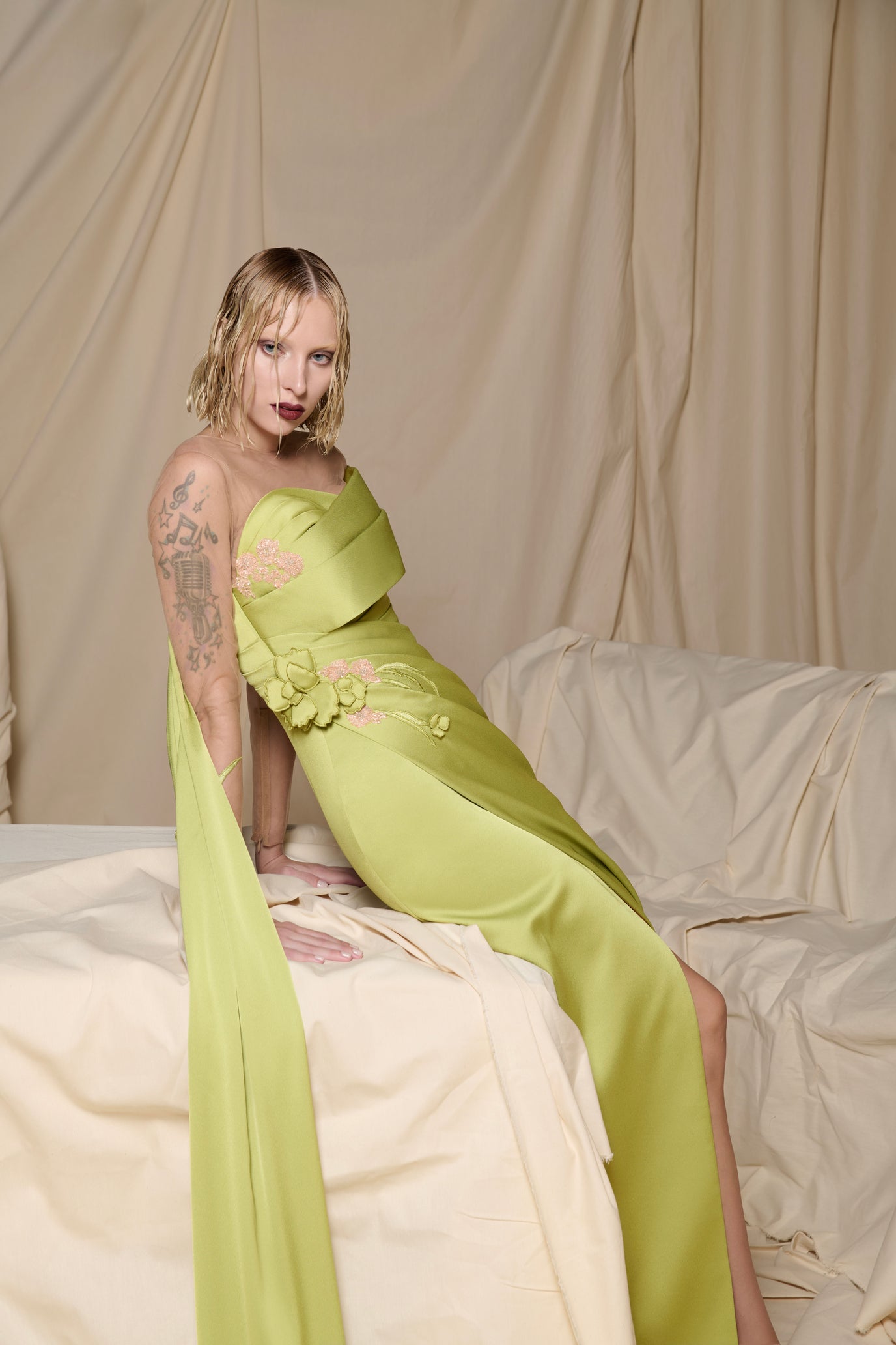 Pistachio Strapless Column Gown with Fuchsia Petal Detail - Style N0705