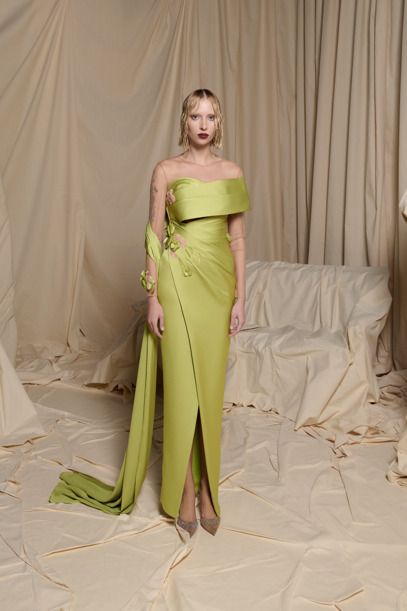Pistachio Strapless Column Gown with Fuchsia Petal Detail - Style N0705