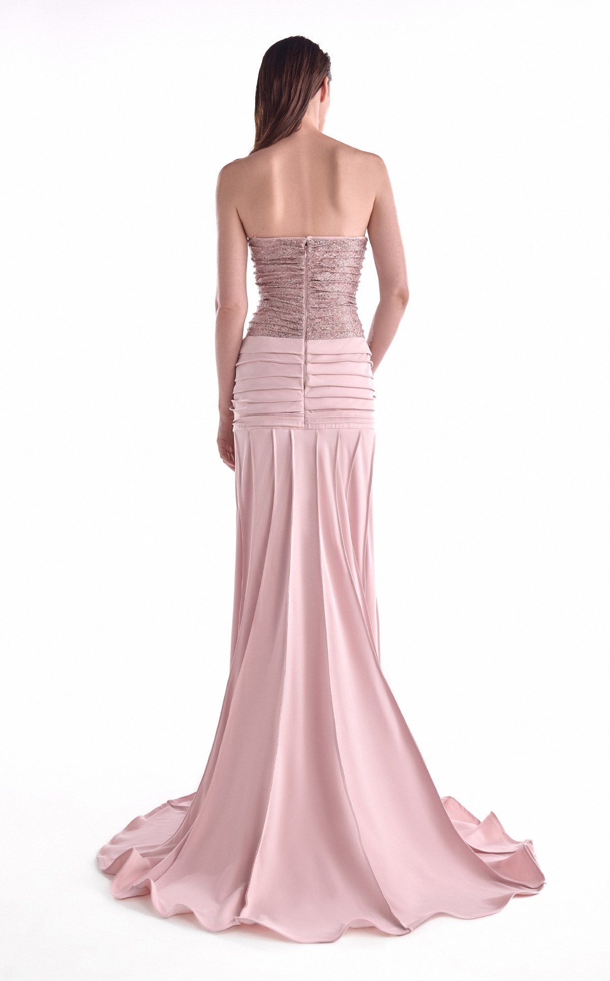 Powder Pink Sequined Lace & Ribbed Crepe Evening Gown G2129