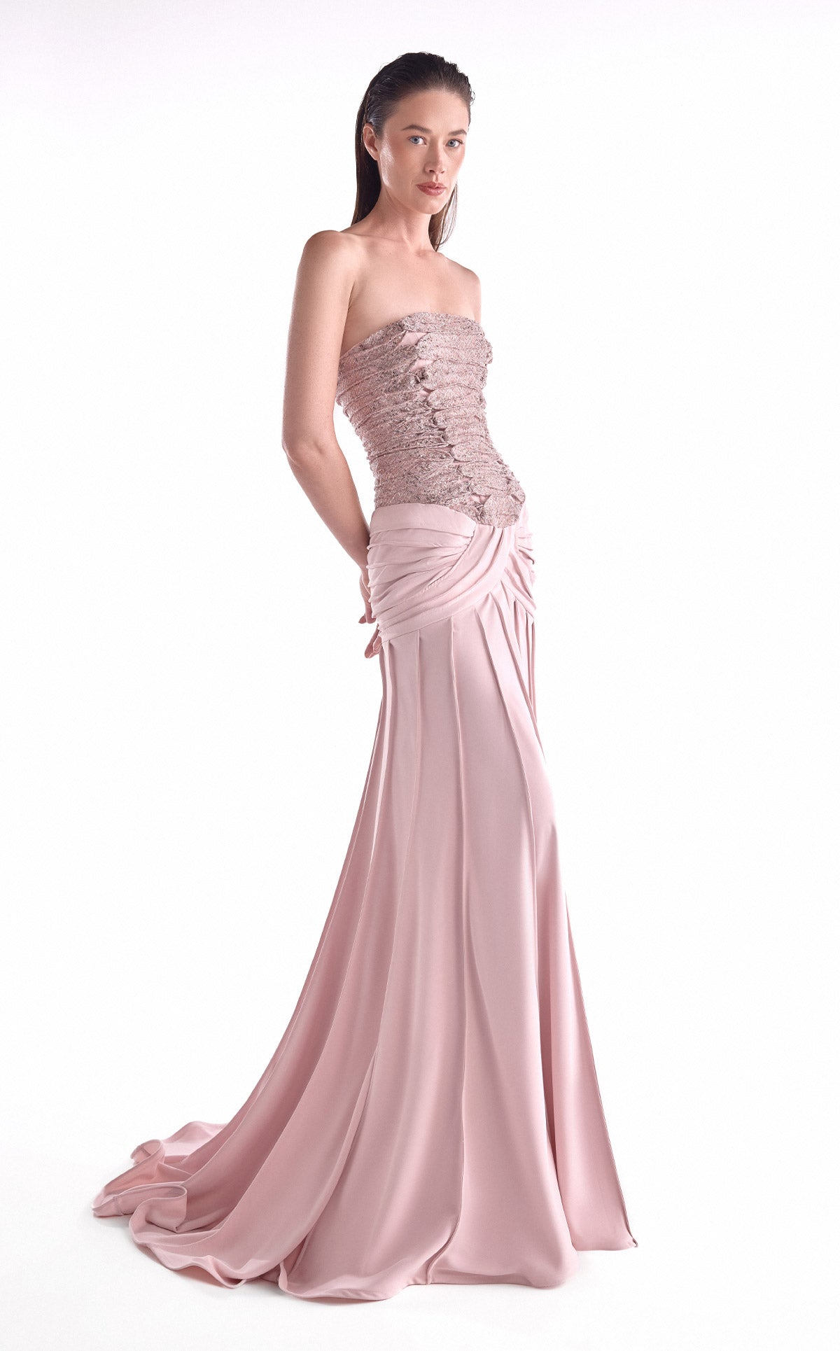 Powder Pink Sequined Lace & Ribbed Crepe Evening Gown G2129