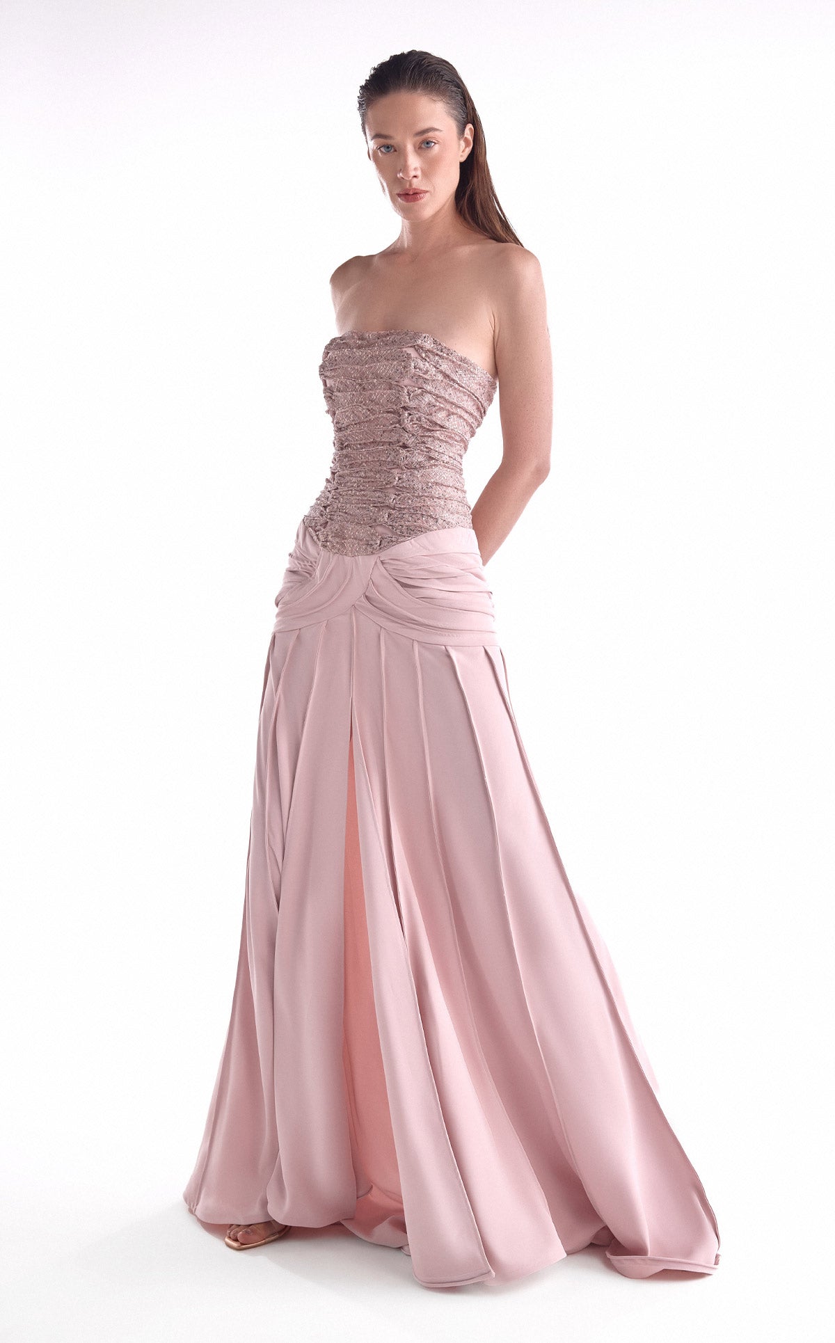 Powder Pink Sequined Lace & Ribbed Crepe Evening Gown G2129