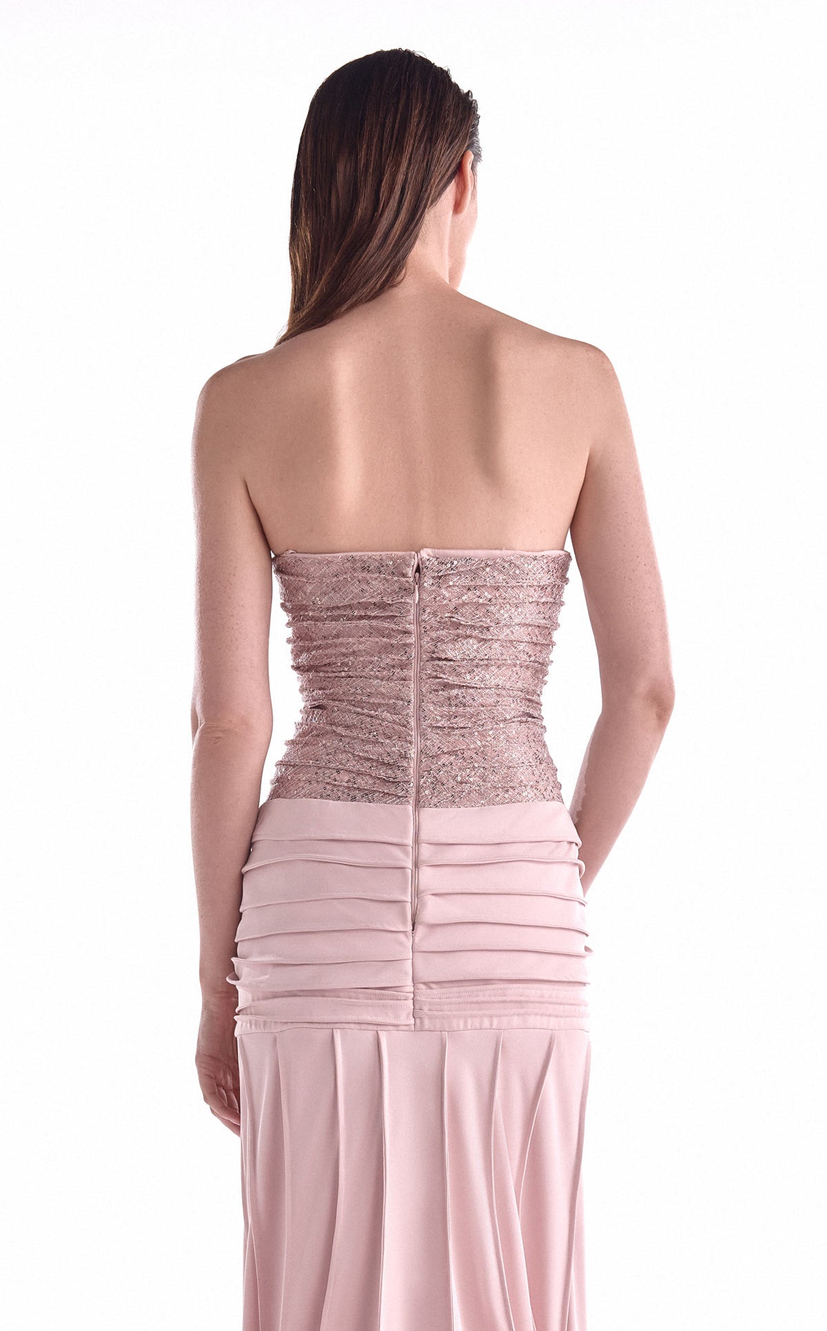Powder Pink Sequined Lace & Ribbed Crepe Evening Gown G2129