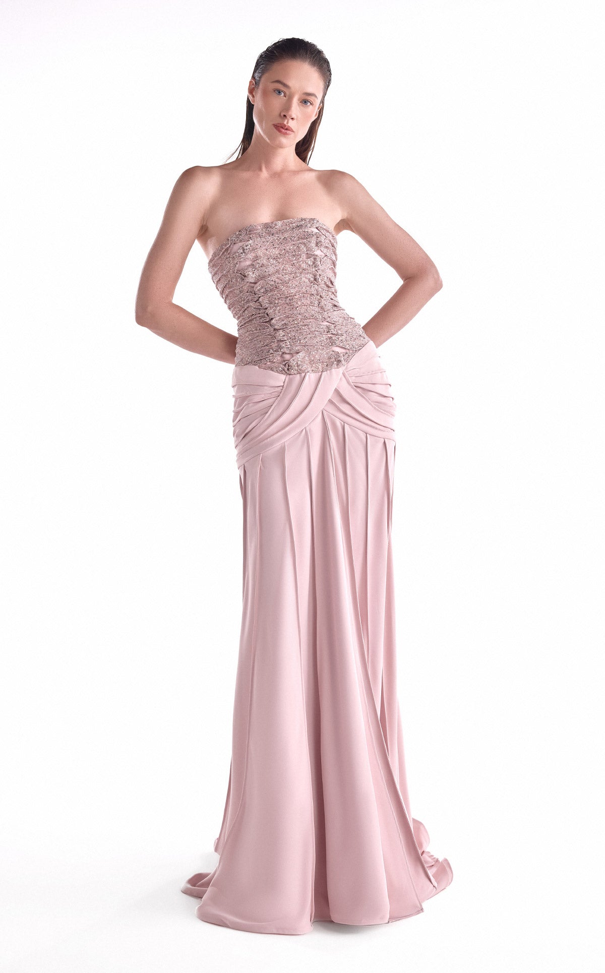 Powder Pink Sequined Lace & Ribbed Crepe Evening Gown G2129