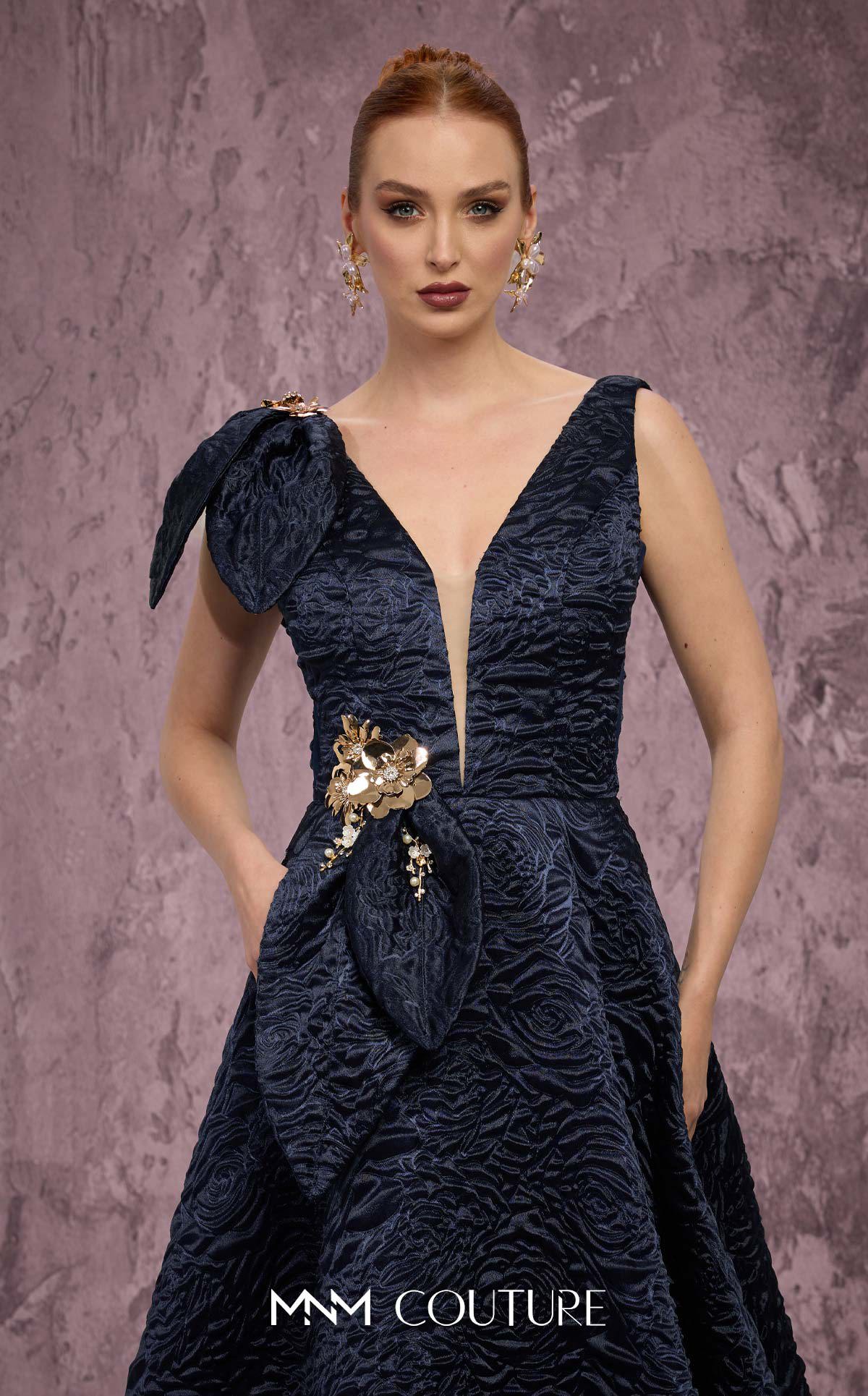 MNM Couture Q1150: Brocade Ballgown with Floral Accents 6/38 / NAVY BLUE MNM Couture Q1150: Brocade Ballgown with Floral Accents 6/38 / NAVY BLUE