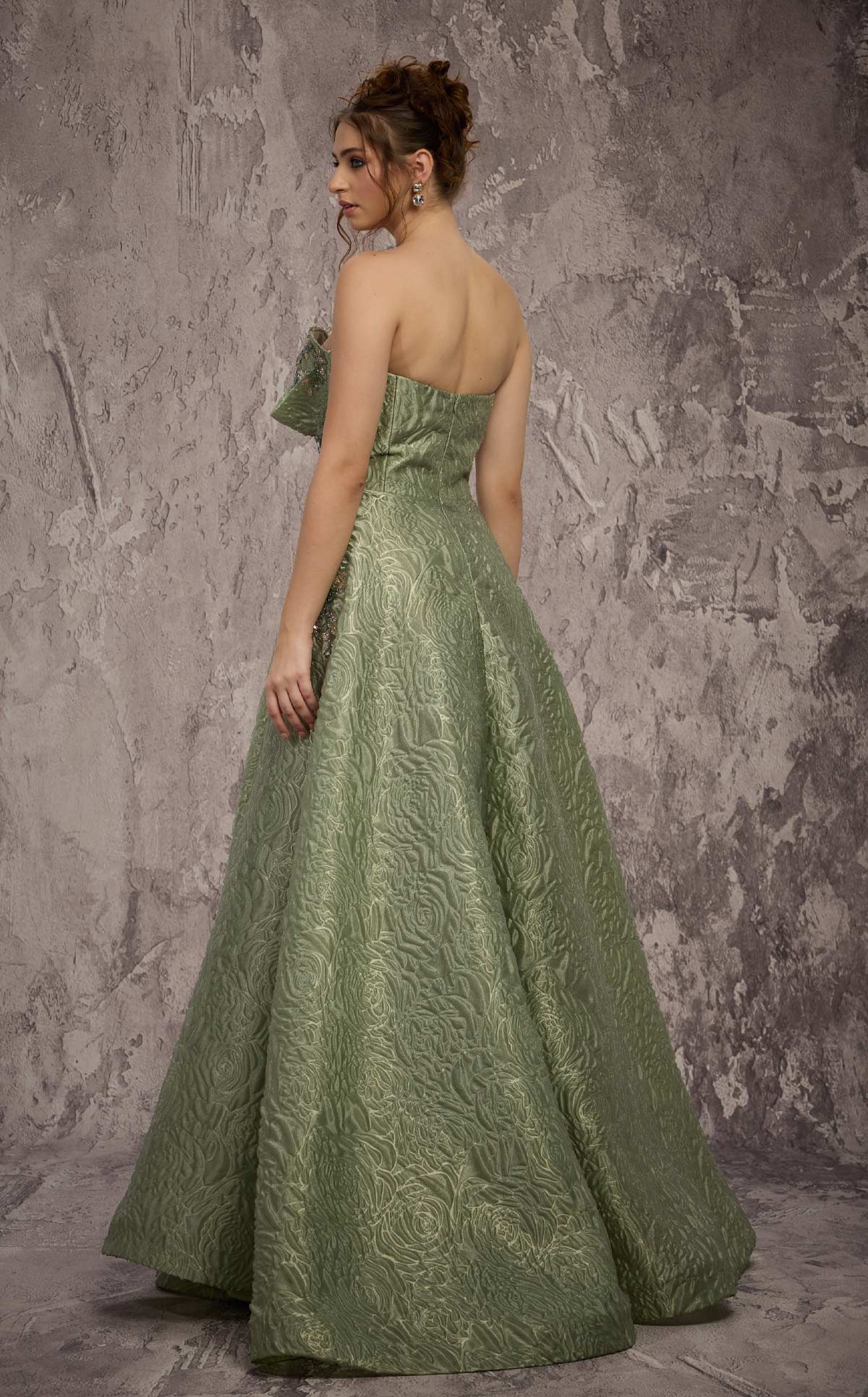 MNM Couture Q3355: Strapless Metallic Brocade Gown