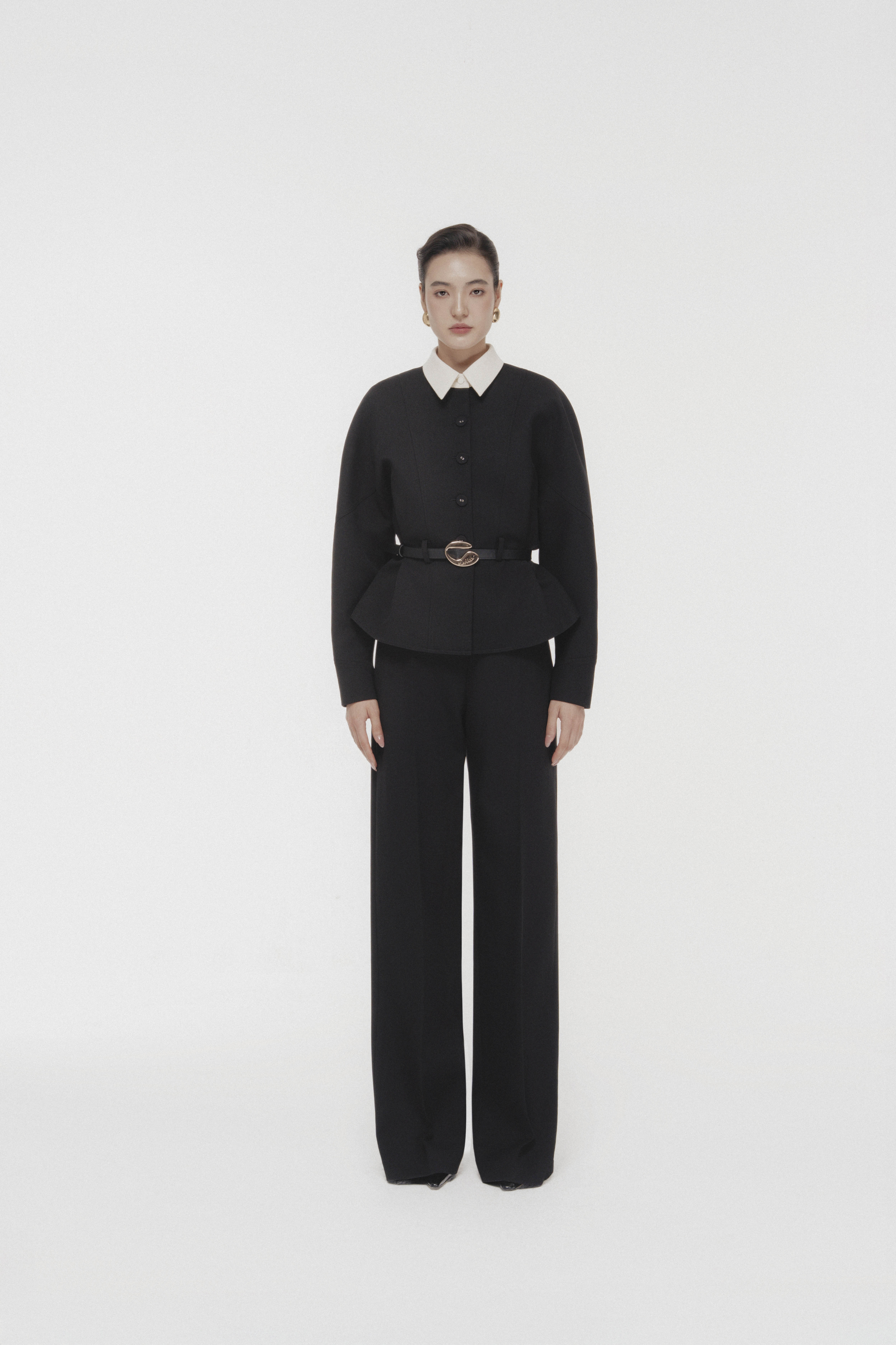 Quilted Structure Short Jacket & Leg Trousers in Black