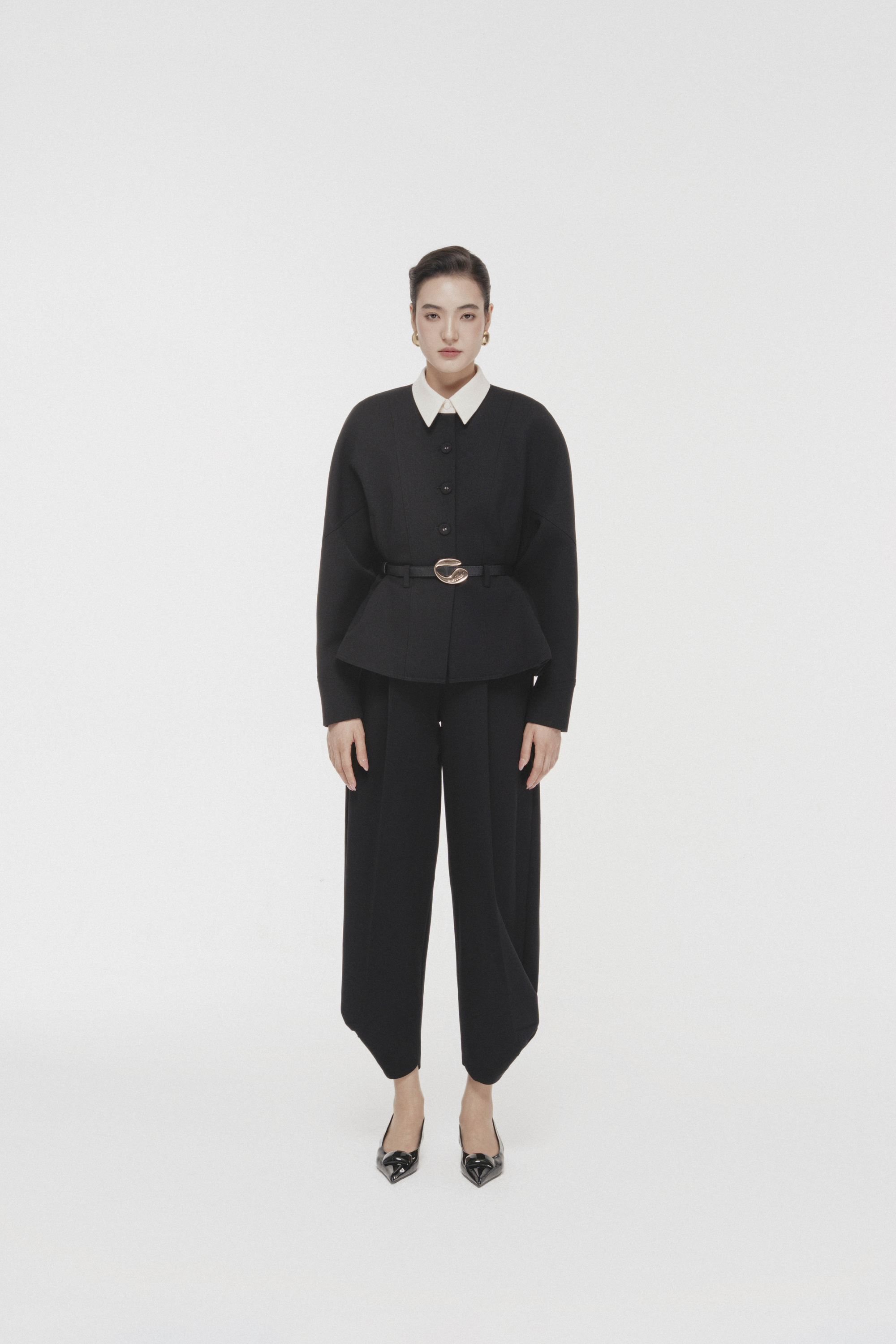 Quilted Structure Short Jacket & Pants in Black