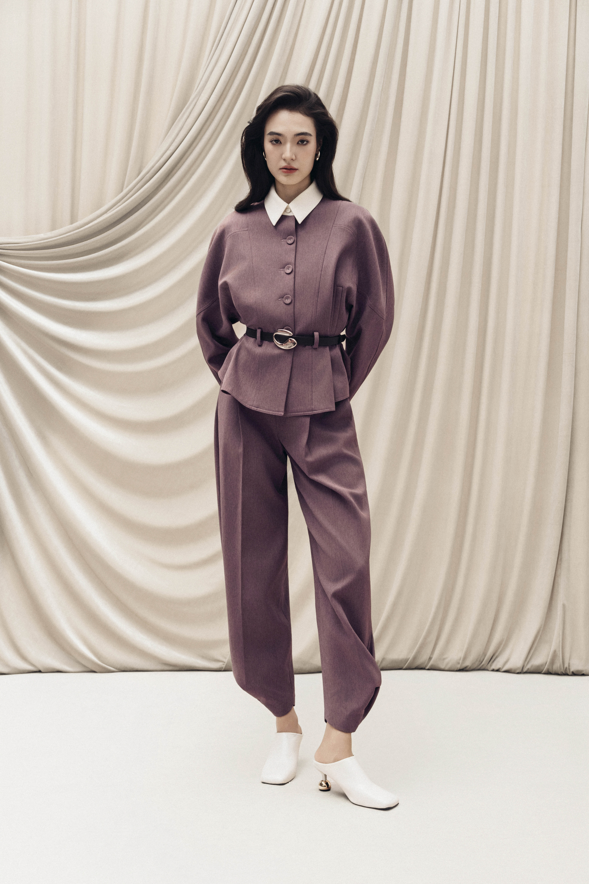 Quilted Structure Short Jacket & Pants in Rose Taupe