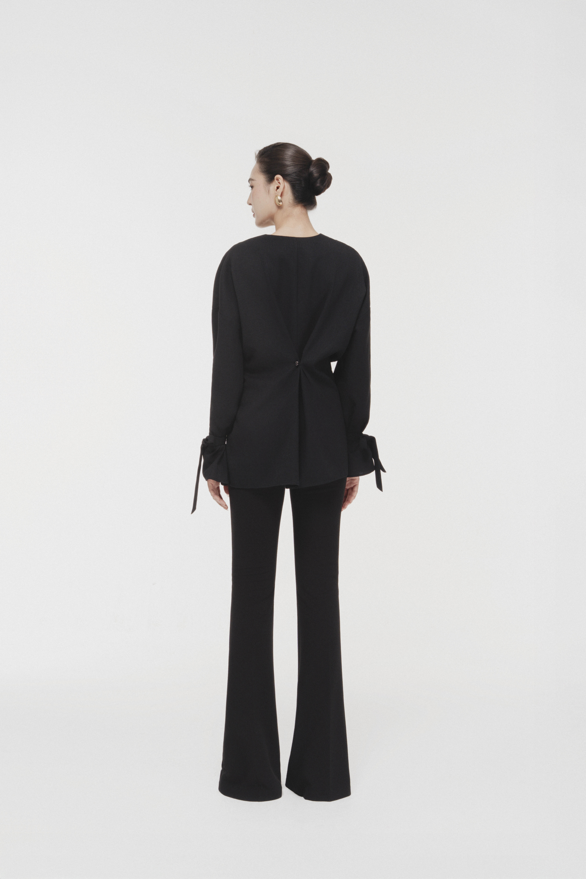Ring-Gathered Draped Top & Pants in Black
