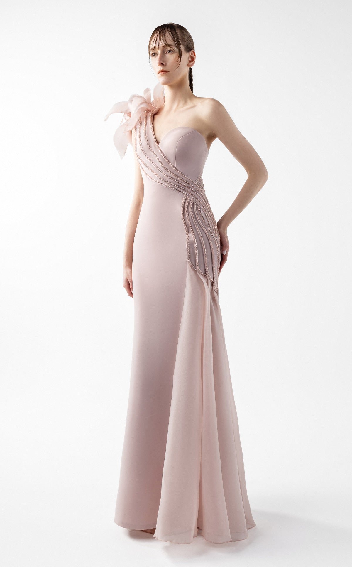 Rosé Petal Cascading Beaded Floral Gown G2026