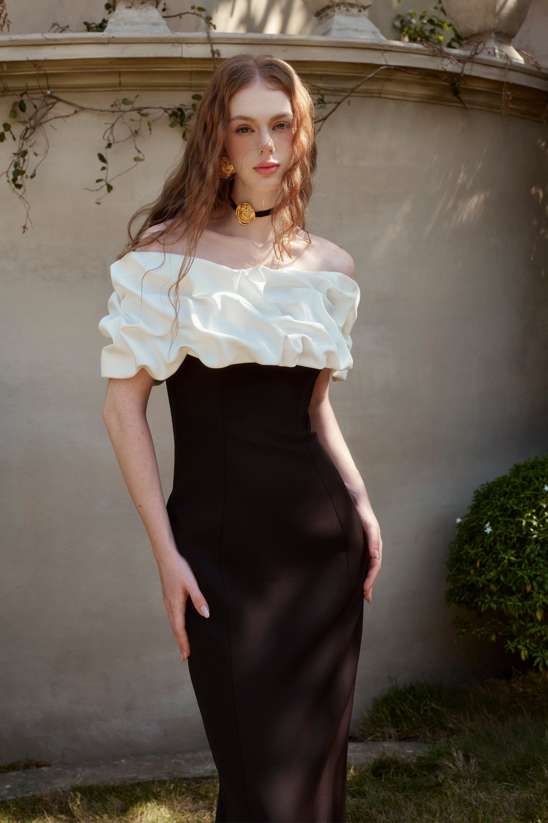 Rose’ Sheath Draped Twill Floor Length Dress