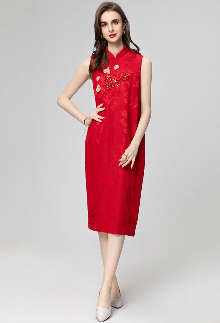 DRESS STYLE - SY570-Midi Dress-onlinemarkat-Red-S - US 4-onlinemarkat