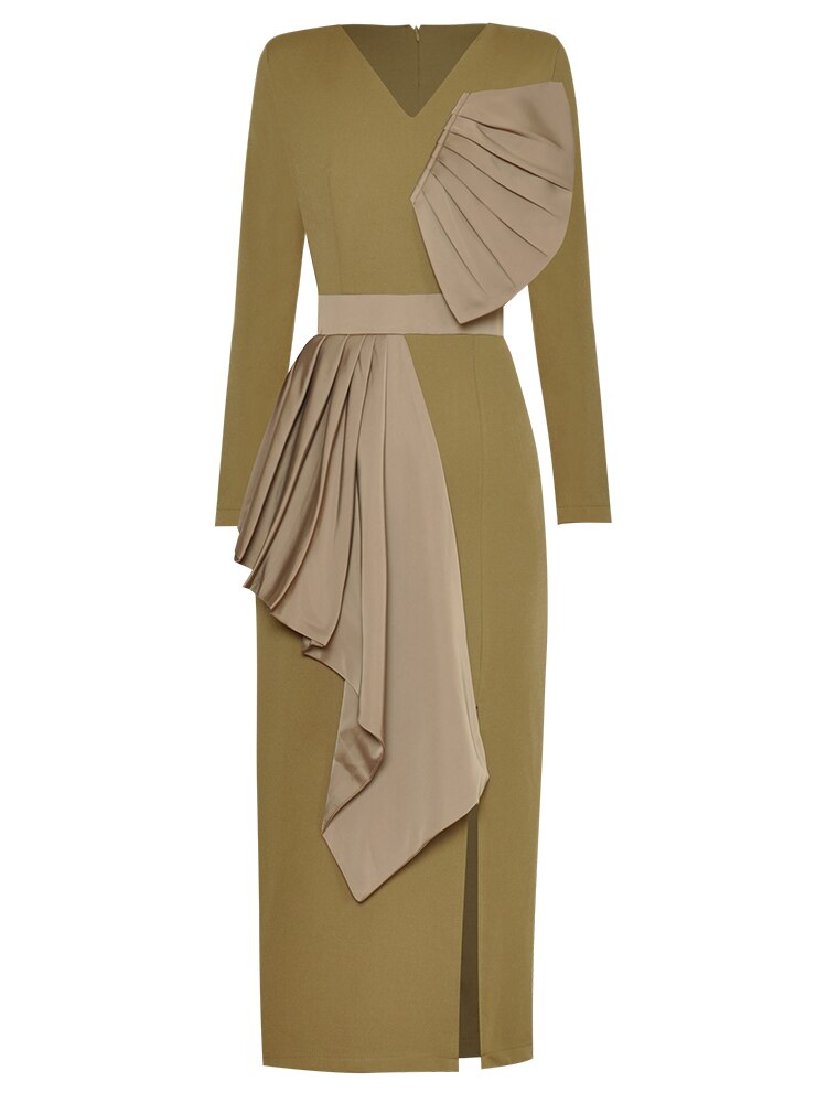 DRESS STYLE - NY3006-Midi Dress-onlinemarkat-Khaki-XS - US 2-onlinemarkat