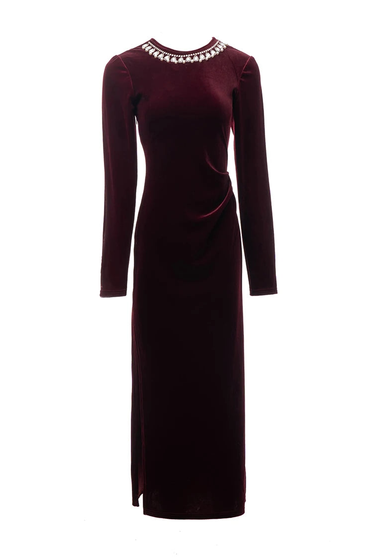 DRESS STYLE - NY3398-Midi Dress-onlinemarkat-Claret-XS - US 2-onlinemarkat