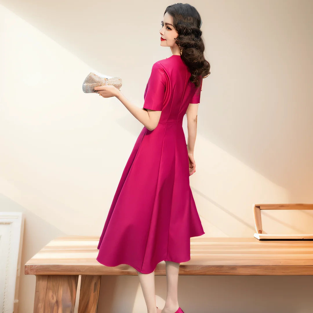 DRESS STYLE - SY678-Midi Dress-onlinemarkat-Rose Red-XS - US 2-onlinemarkat