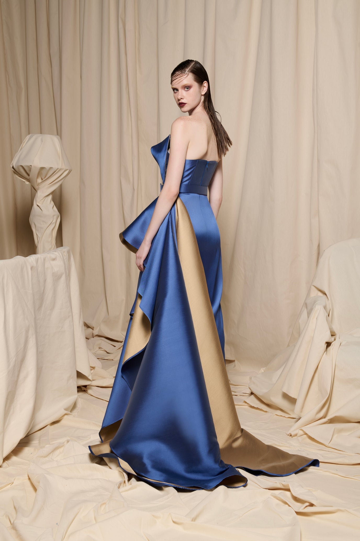 Sapphire Blue & Gold Strapless Ball Gown with Petal Bodice - N0697