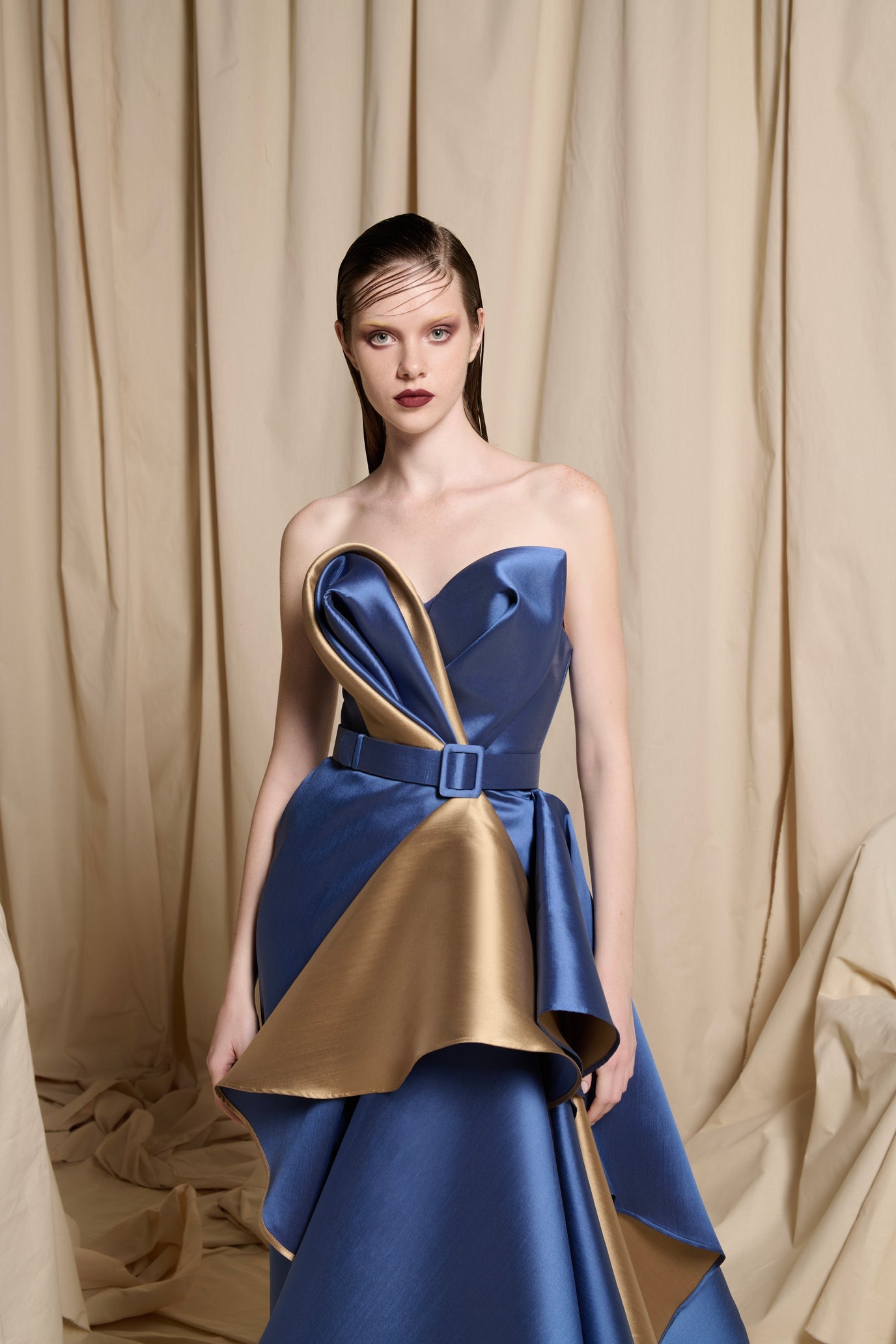 Sapphire Blue & Gold Strapless Ball Gown with Petal Bodice - N0697