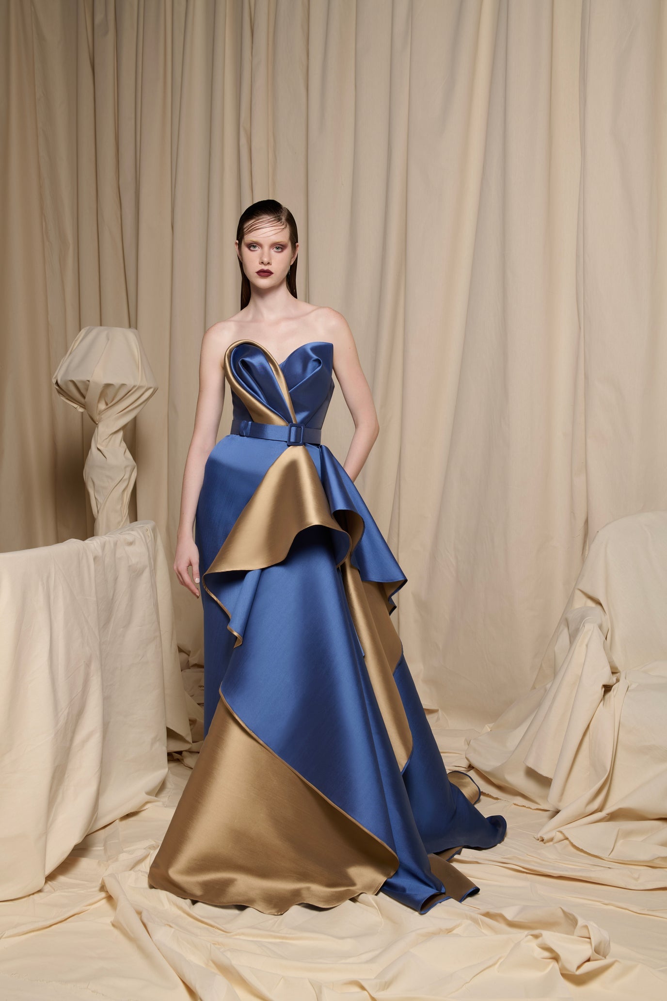 Sapphire Blue & Gold Strapless Ball Gown with Petal Bodice - N0697