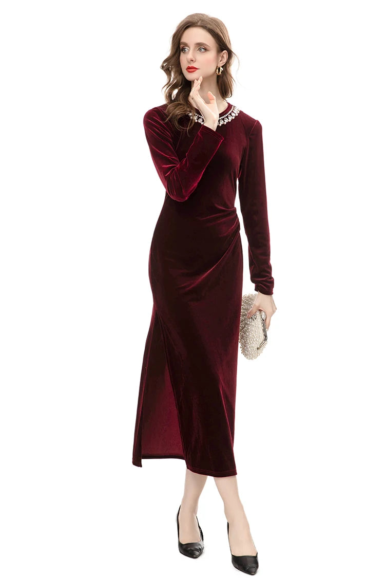 DRESS STYLE - NY3398-Midi Dress-onlinemarkat-Claret-XS - US 2-onlinemarkat