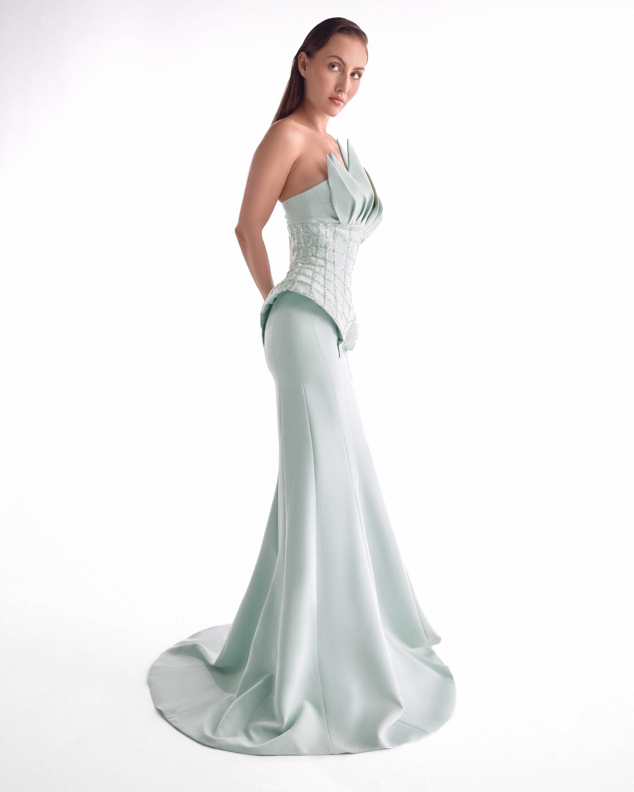 Sculpted Desire in a Mint Gown with Corset-Inspired Embroidery G2141