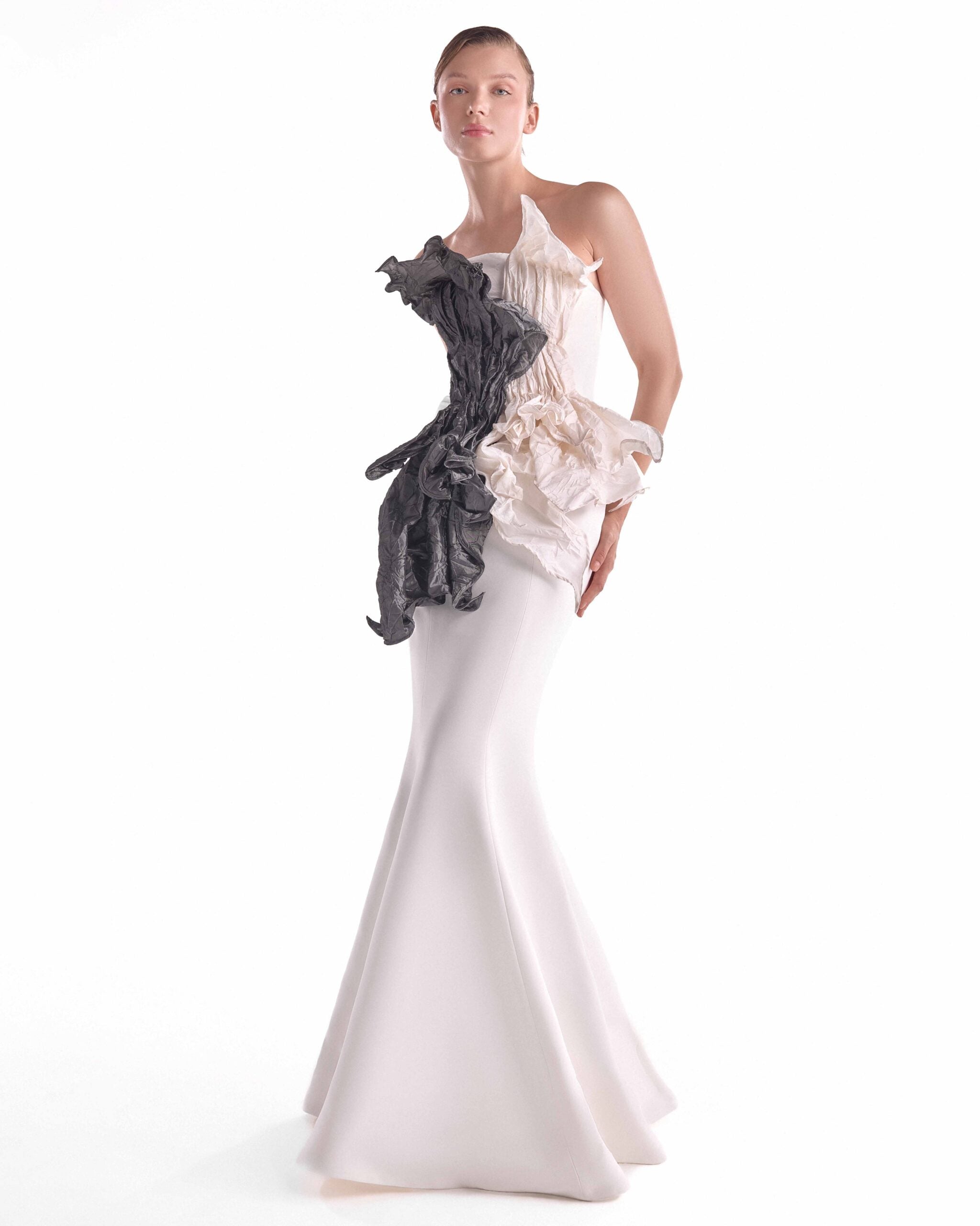 Sculpted Dual-Tone Taffeta Bloom, Off-White Mermaid Gown G2117