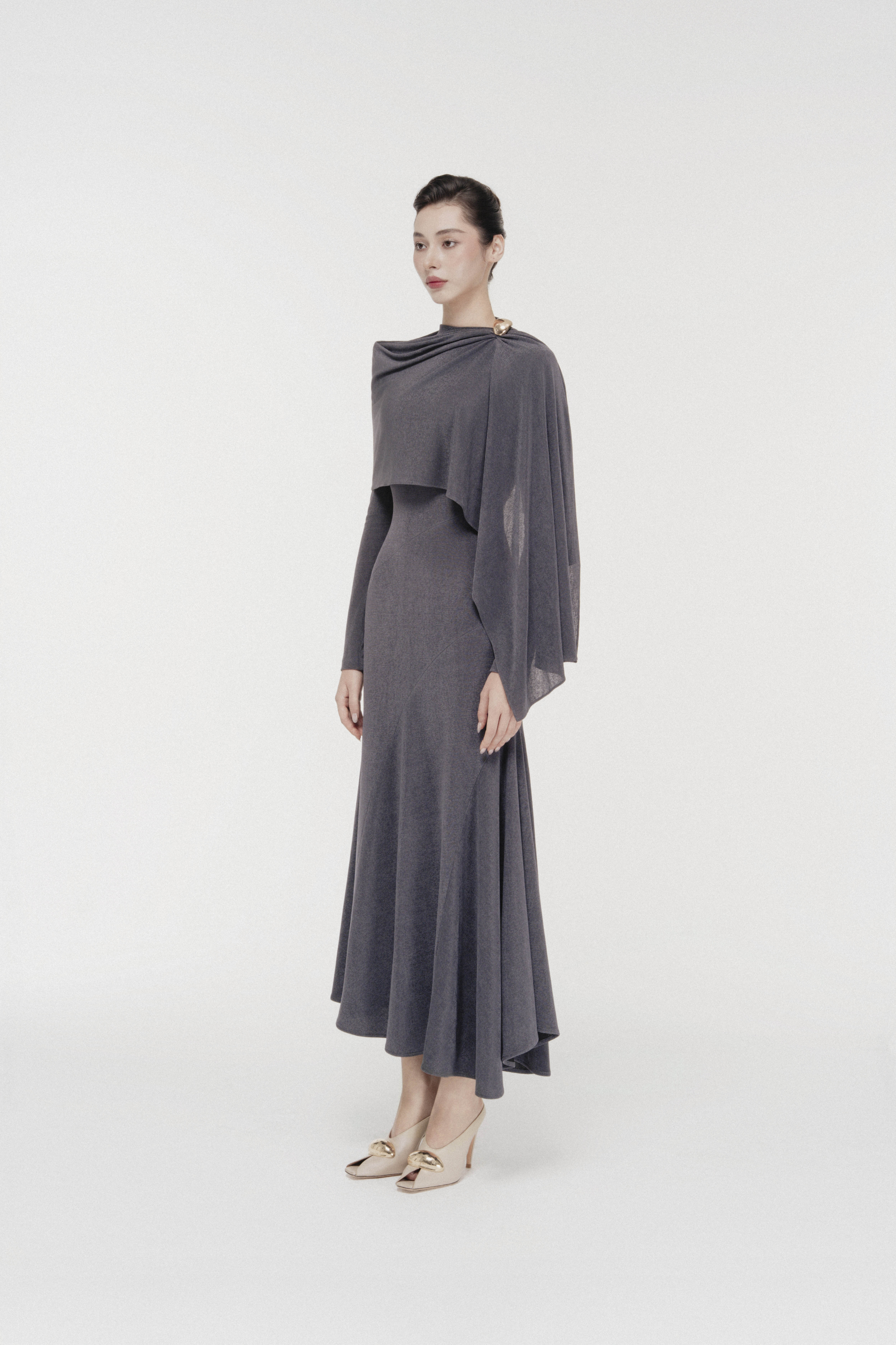 Sculpted High-Neck Fishtail Midi in Bezel