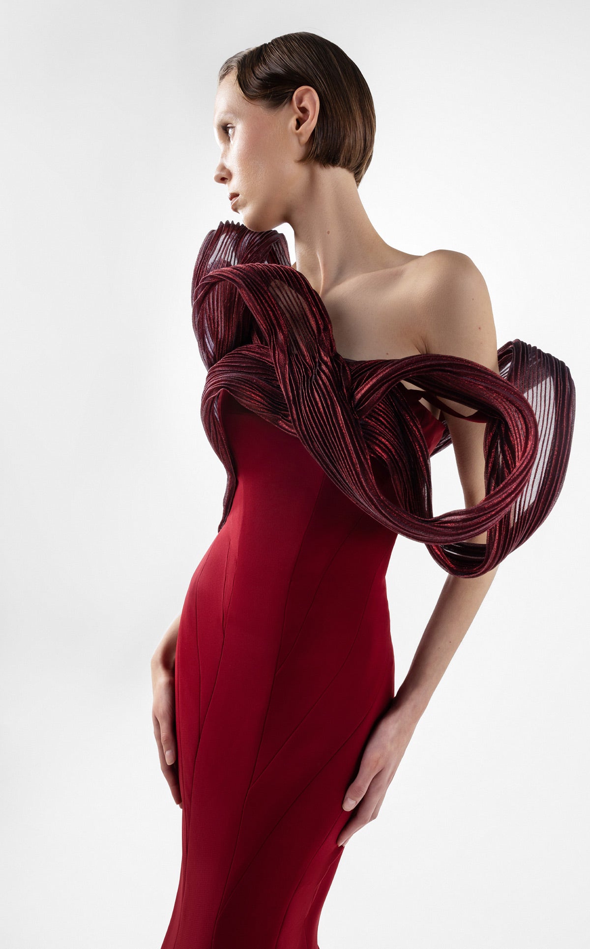 Sculptural Ribbed Lamé Organza Burgundy Mermaid Dress G2009