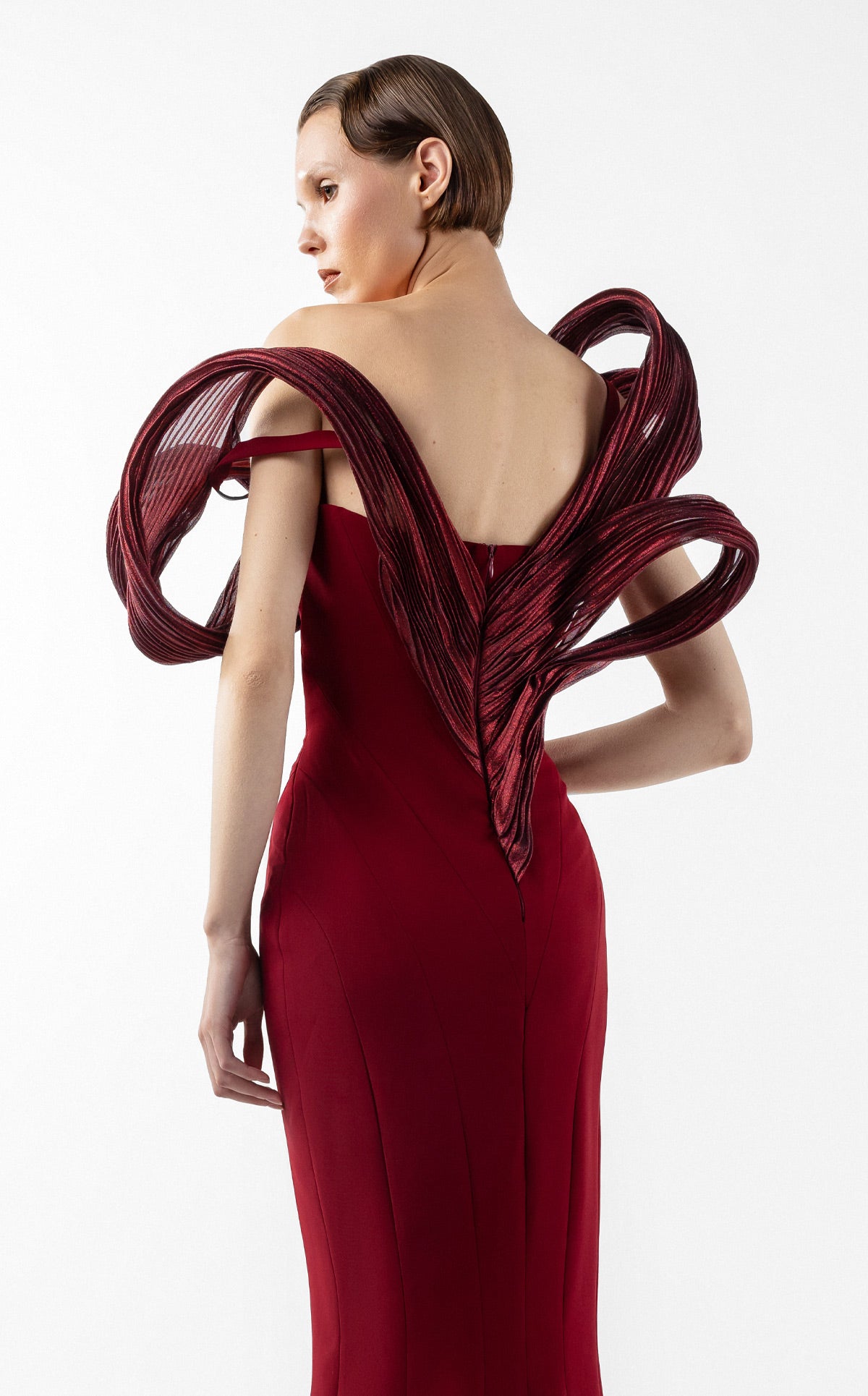 Sculptural Ribbed Lamé Organza Burgundy Mermaid Dress G2009