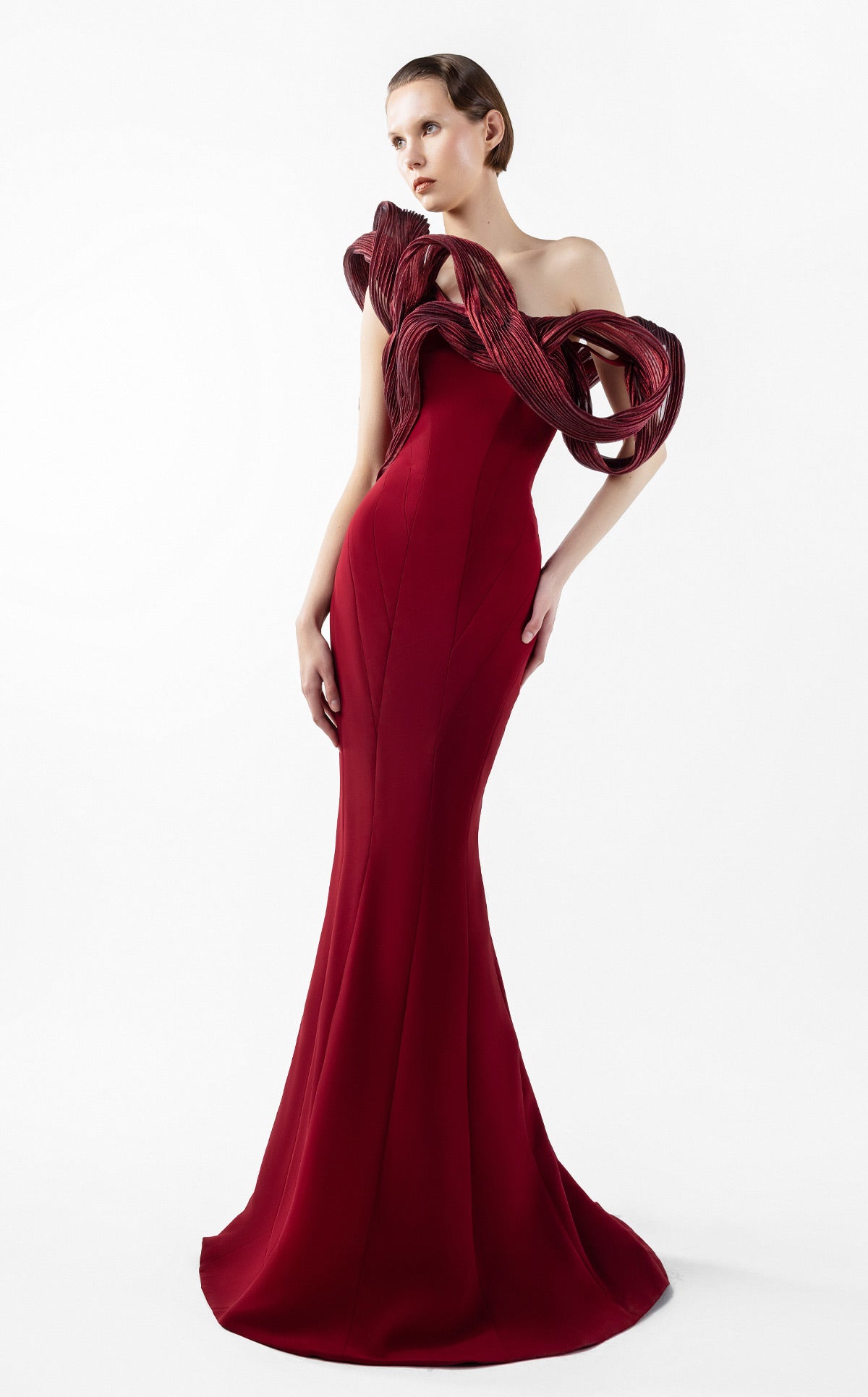 Sculptural Ribbed Lamé Organza Burgundy Mermaid Dress G2009