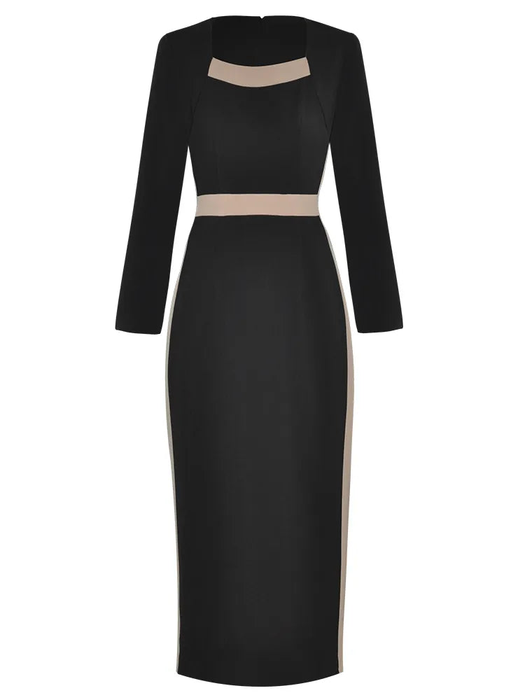 DRESS STYLE - NY2984-Midi Dress-onlinemarkat-Black & Beige-XS - US 2-onlinemarkat