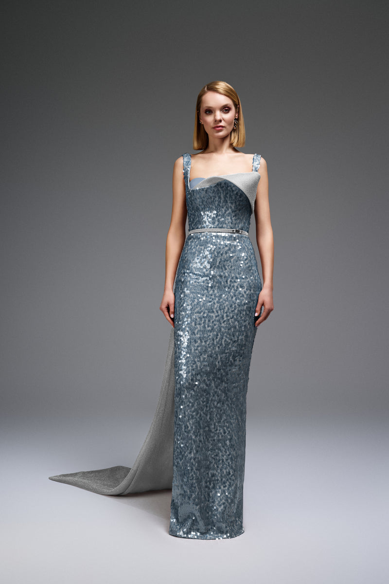 Sequin Column Gown with Dramatic Cape Train E0108