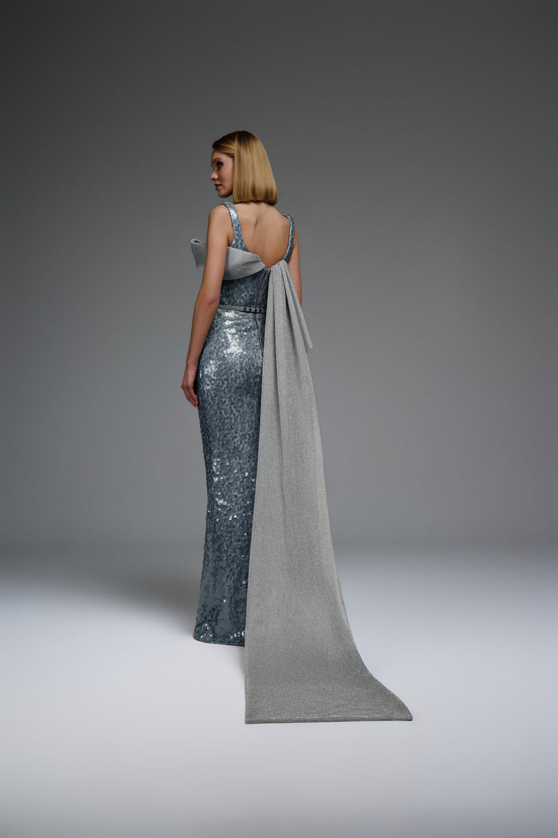 Sequin Column Gown with Dramatic Cape Train E0108
