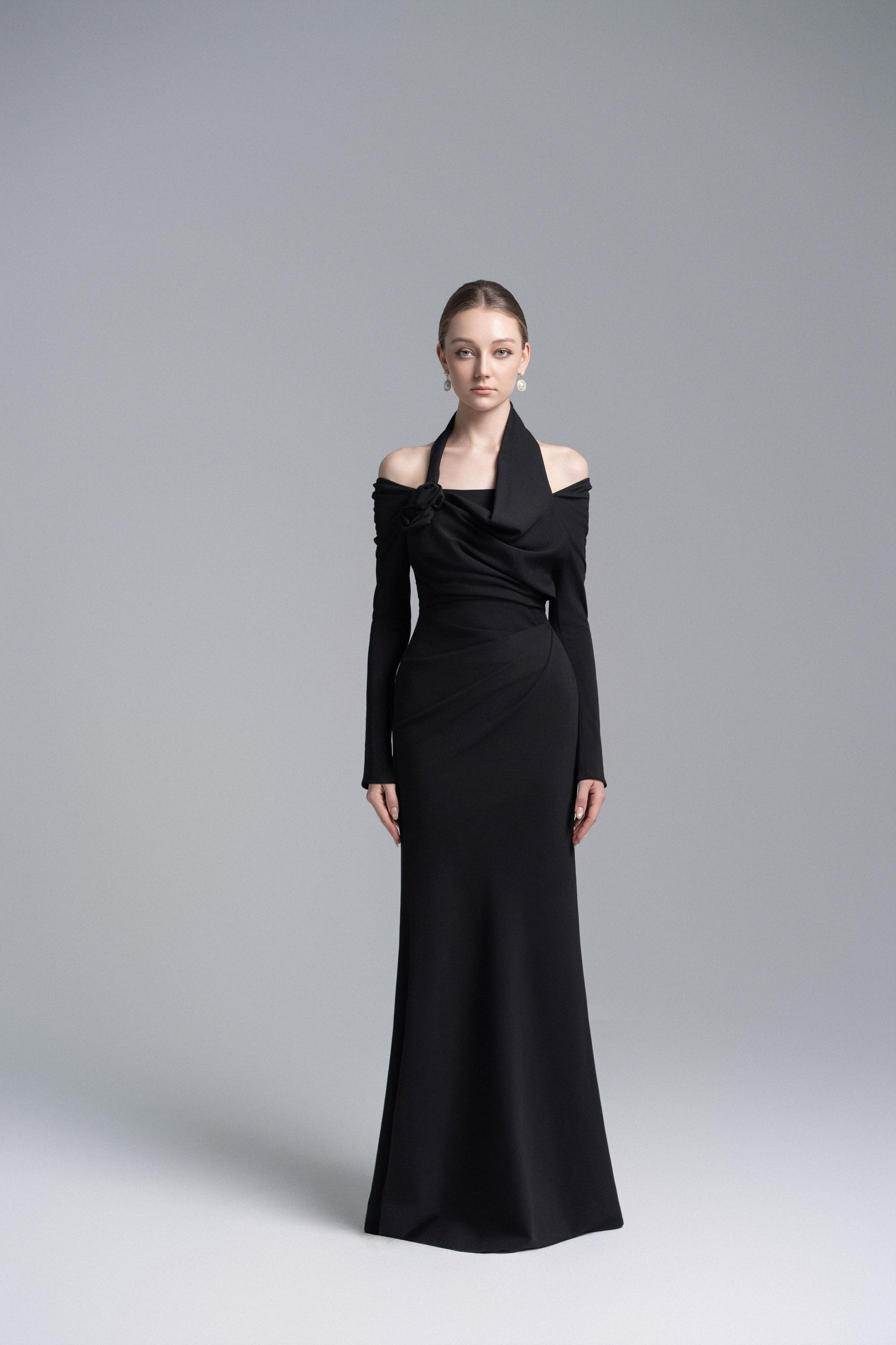 seraphine black dress Draped Floral Accent Charming Black and Purple 26.03COLL Boat neckline Size:Medium Extra Tall