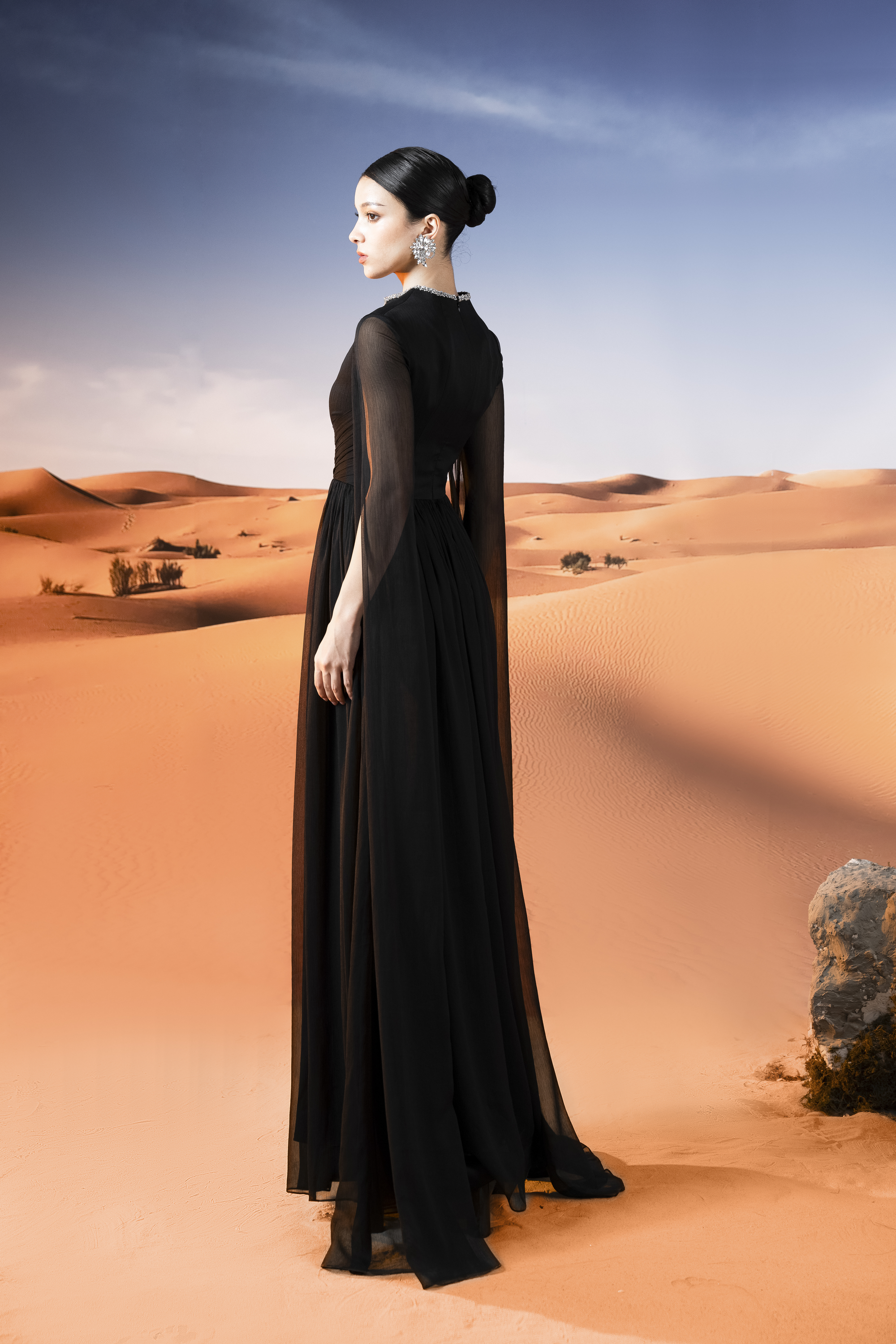 Sheer Cape Sleeve Black Pleated Maxi Gown