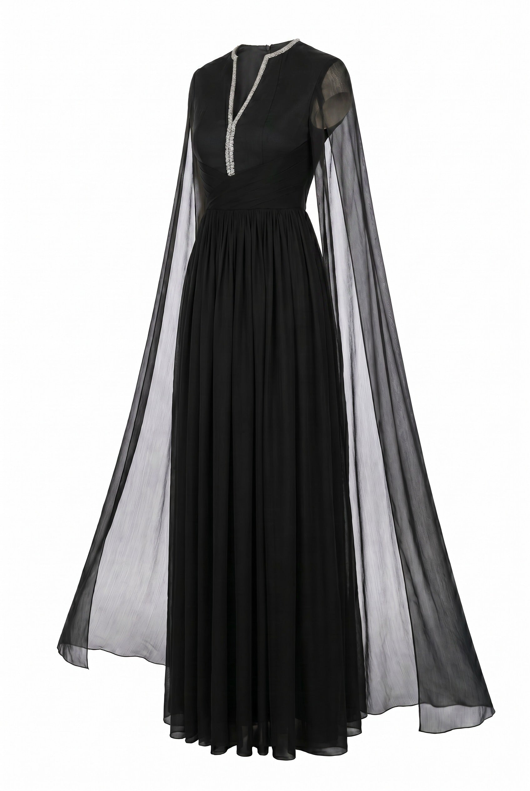 Sheer Cape Sleeve Black Pleated Maxi Gown