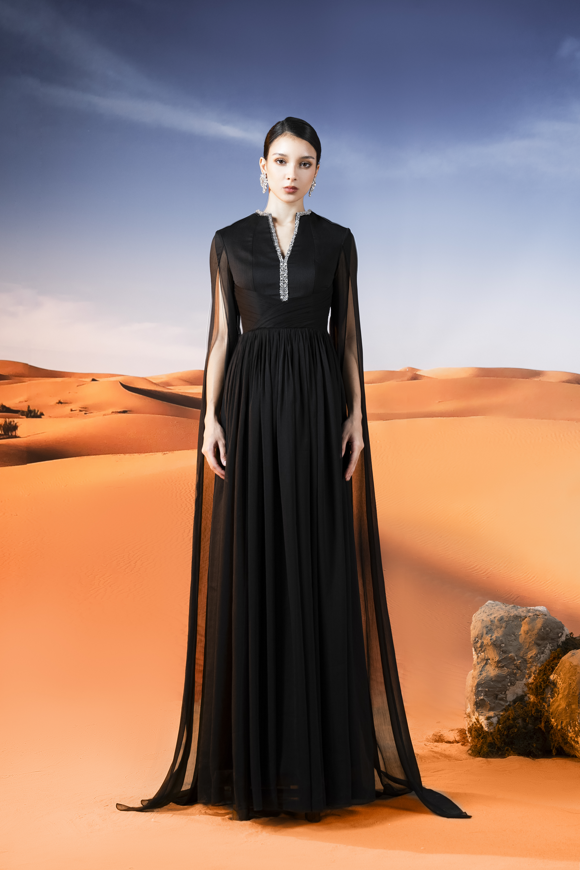 Sheer Cape Sleeve Black Pleated Maxi Gown