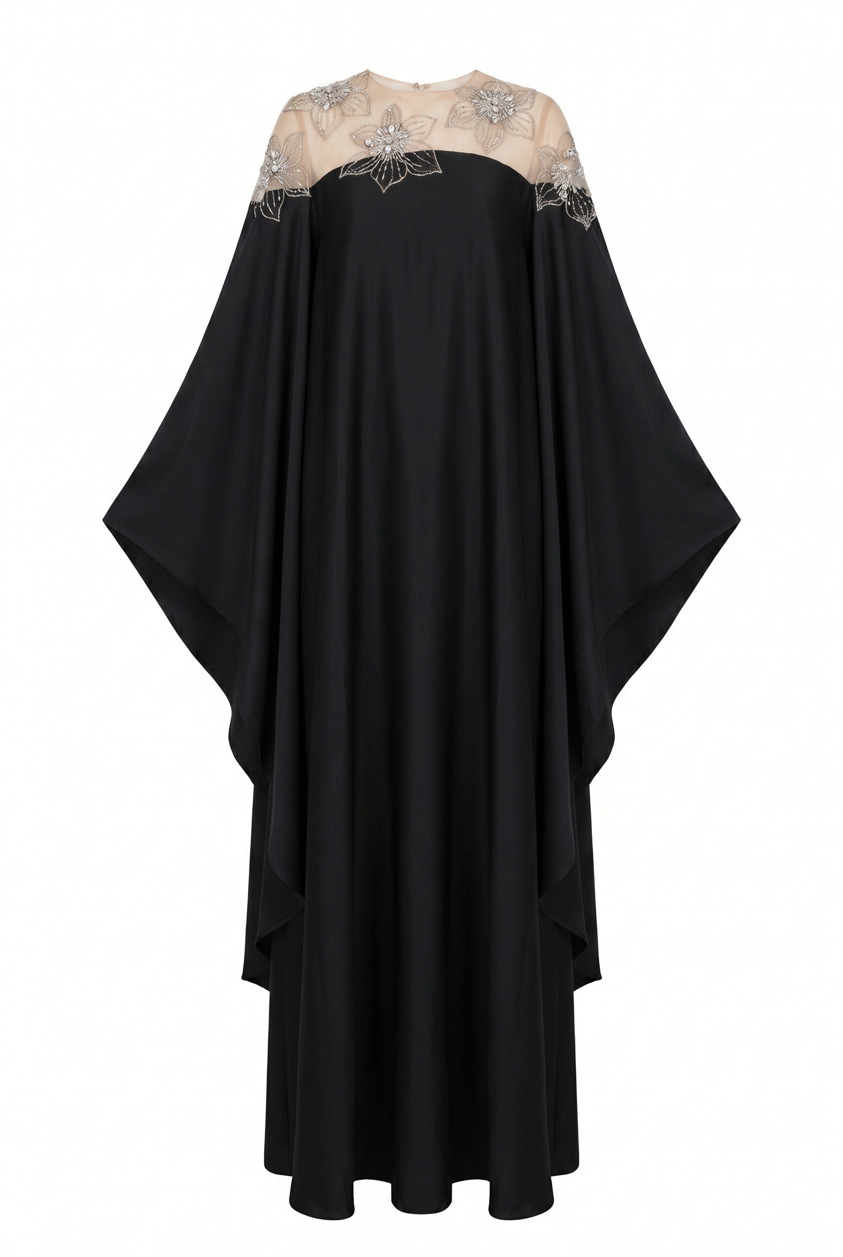Sheer Embellished Cape Black Maxi Gown