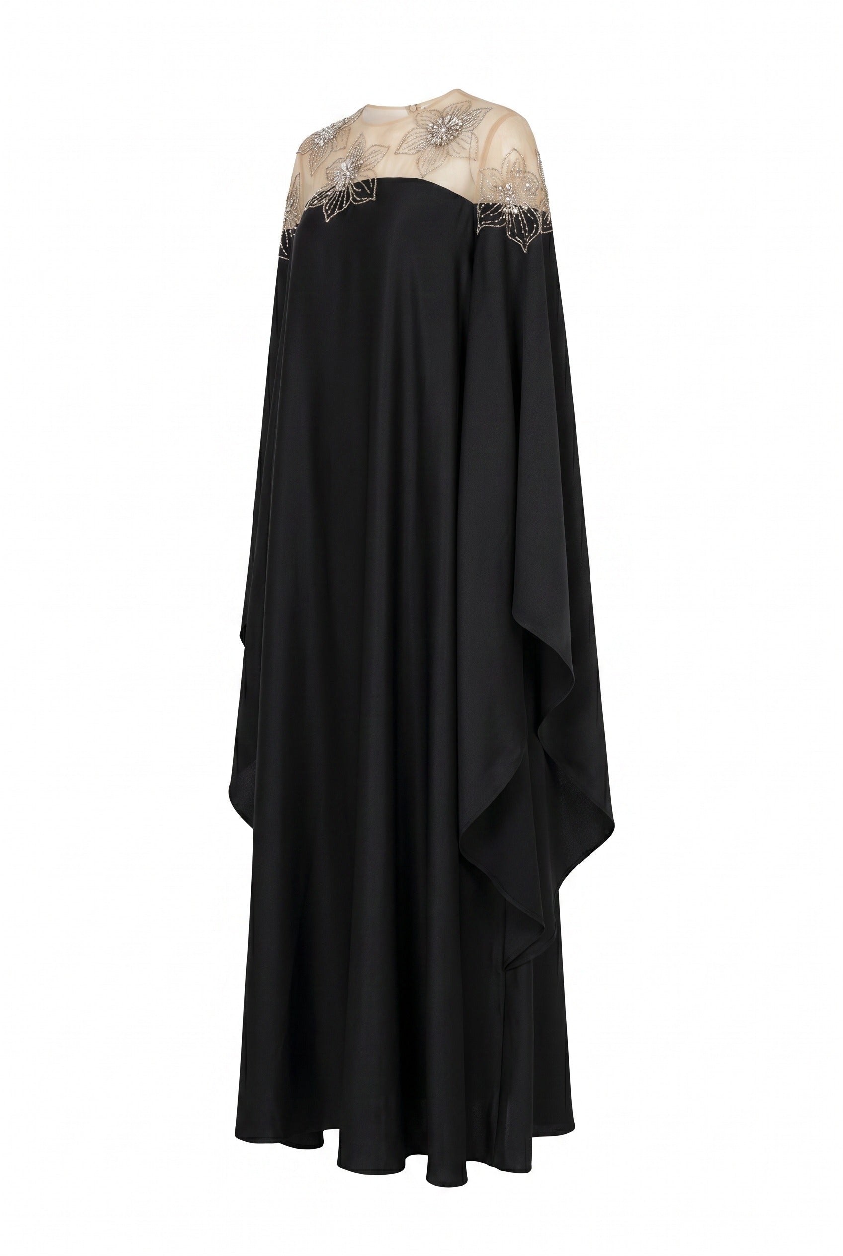 Sheer Embellished Cape Black Maxi Gown